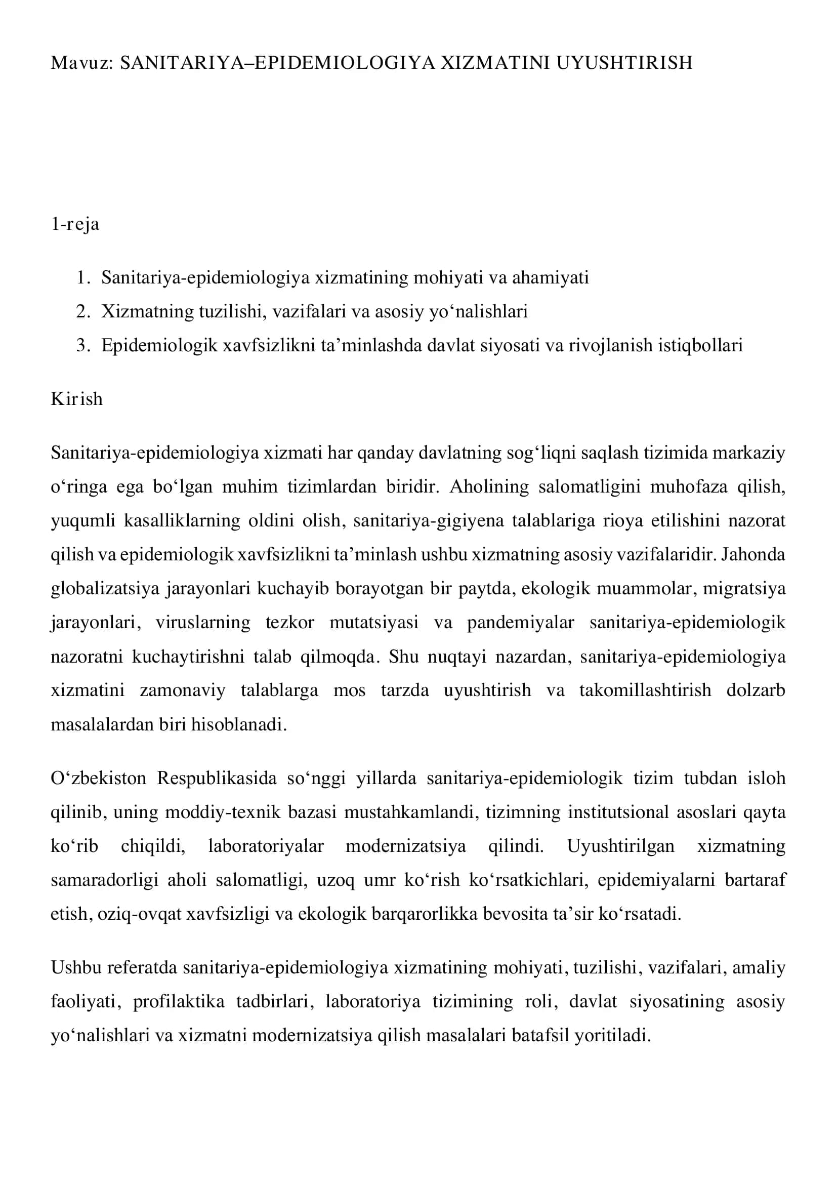 SANITARIYA–EPIDEMIOLOGIYA XIZMATINI UYUSHTIRISH 1