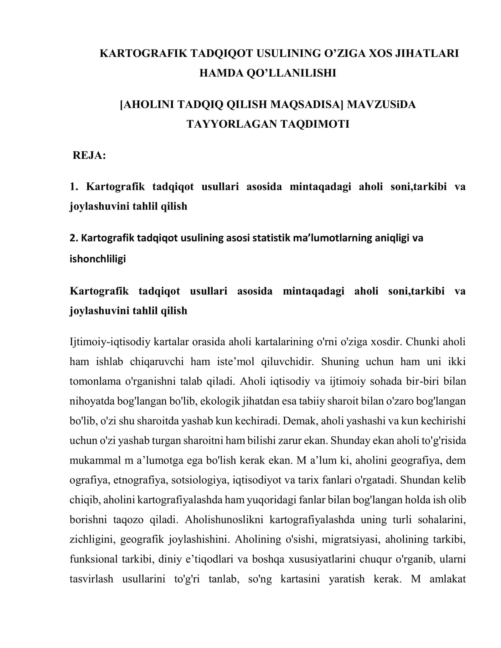 KARTOGRAFIK TADQIQOT USULINING O’ZIGA XOS JIHATLARI HAMDA QO’LLANILISHI 1