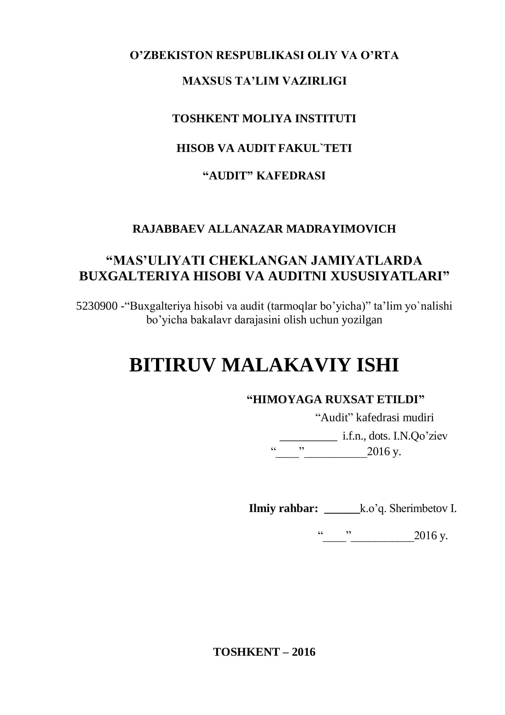 Buxgalteriya hisobi va audit (tarmoqlar bo’yicha) ta’lim yo`nalishi 1
