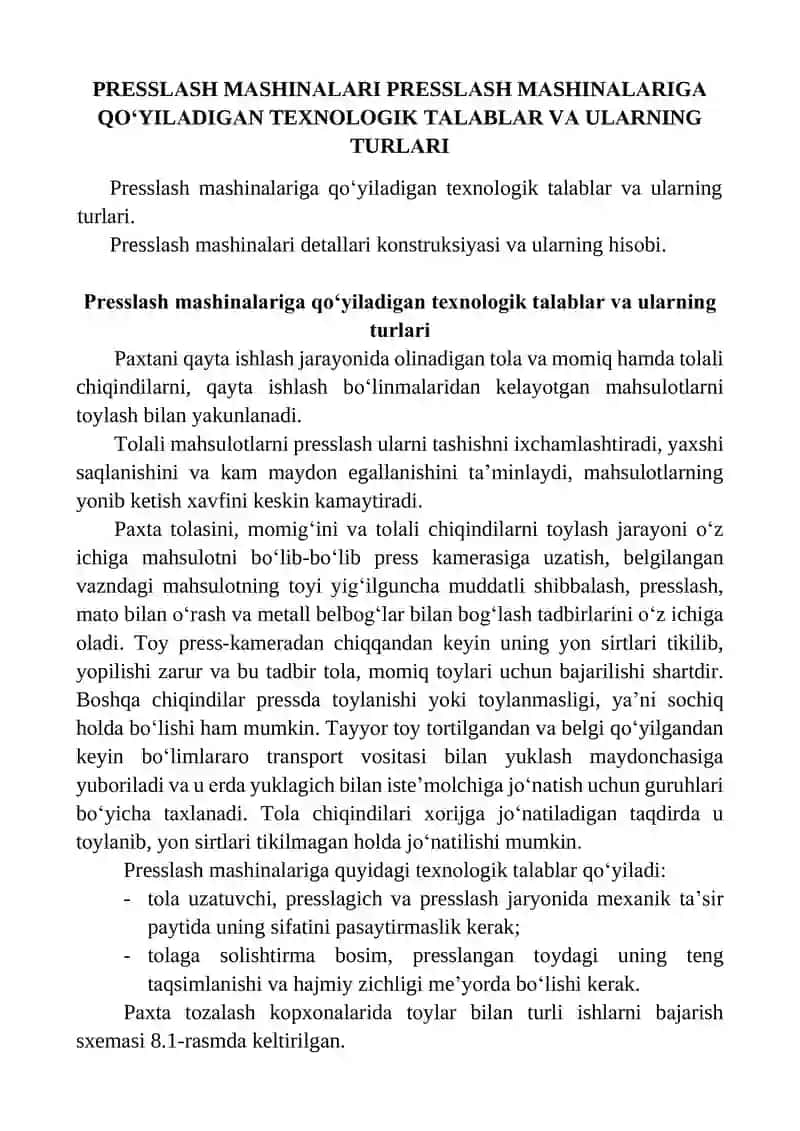 PRESSLАSH MАSHINАLАRI PRESSLАSH MАSHINАLАRIGА QО‘YILАDIGАN TEXNОLОGIK TАLАBLАR VА ULАRNING TURLАRI