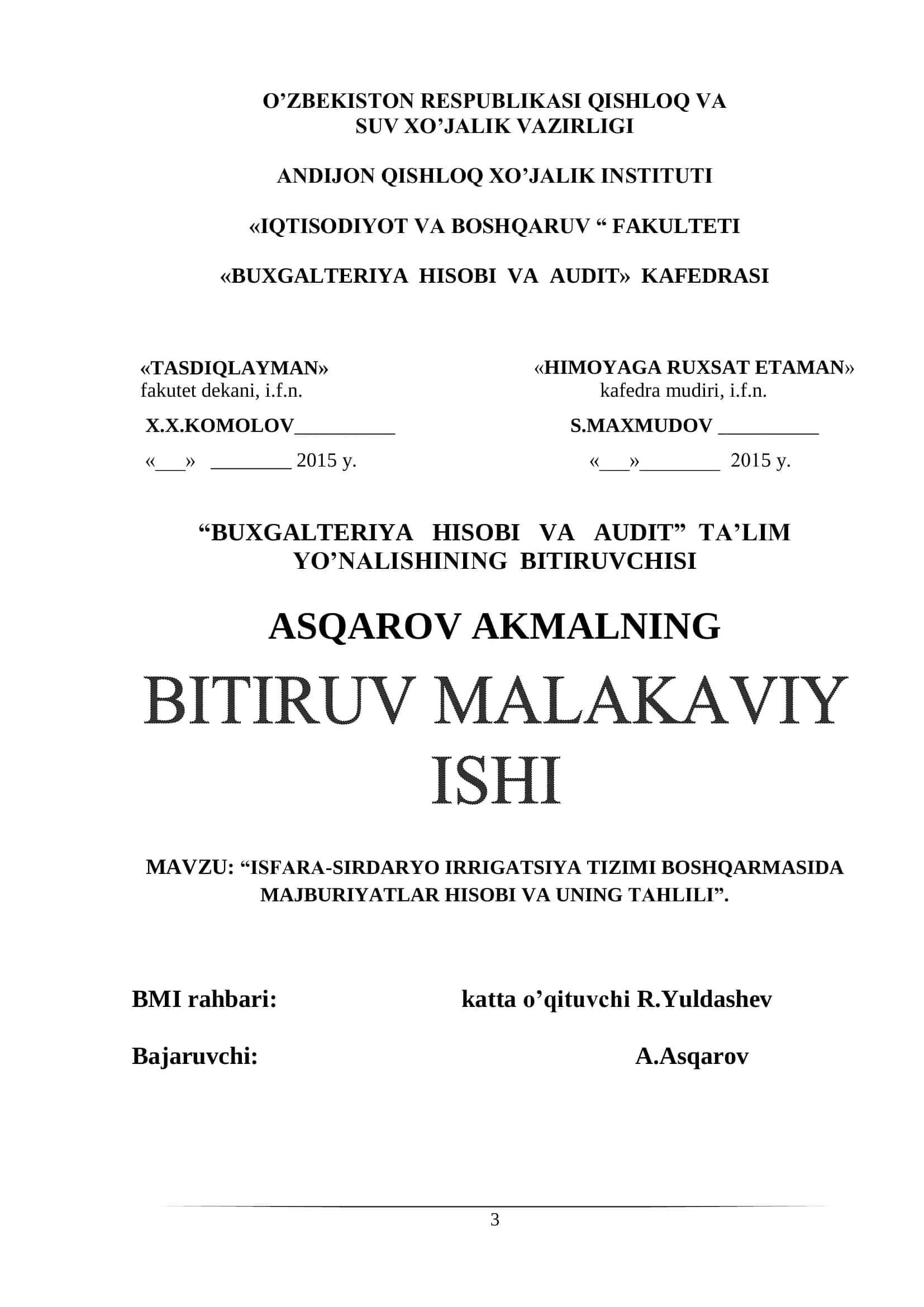 ISFARA-SIRDARYO IRRIGATSIYA TIZIMI BOSHQARMASIDA MAJBURIYATLAR HISOBI VA UNING TAHLILI 1