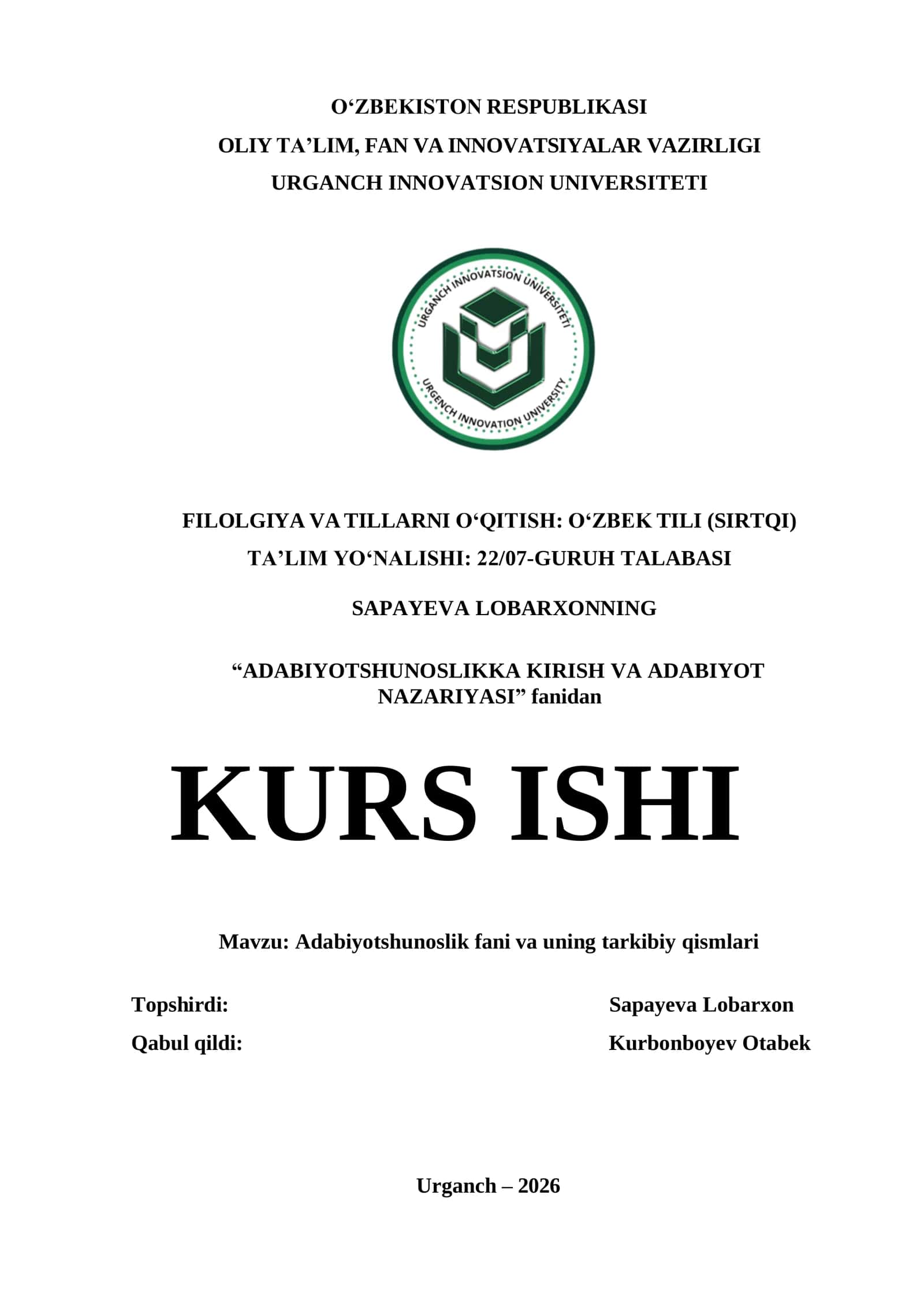 ADABIYOTSHUNOSLIK FANI VA UNING TARKIBIY QISMLARI 1