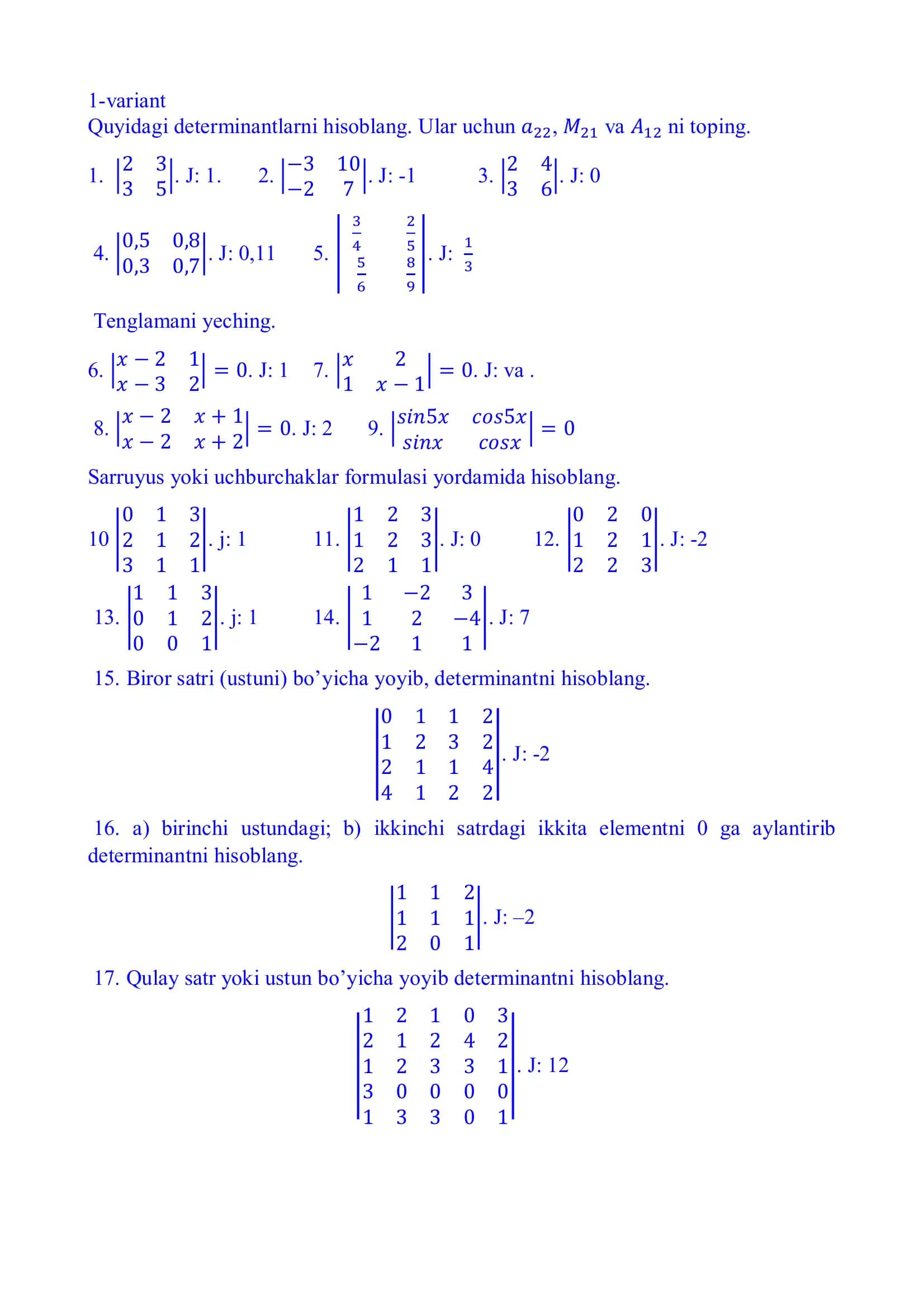 Determinantlarni hisoblashda doir 1000 ta variant 1