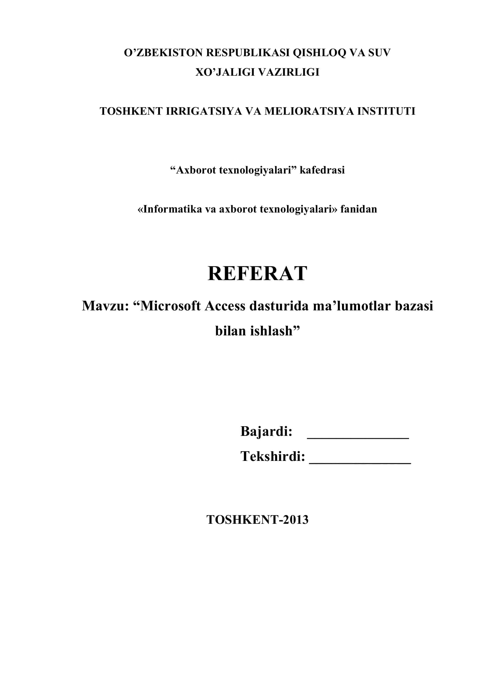 Microsoft Access dasturida ma’lumotlar bazasi bilan ishlash 1