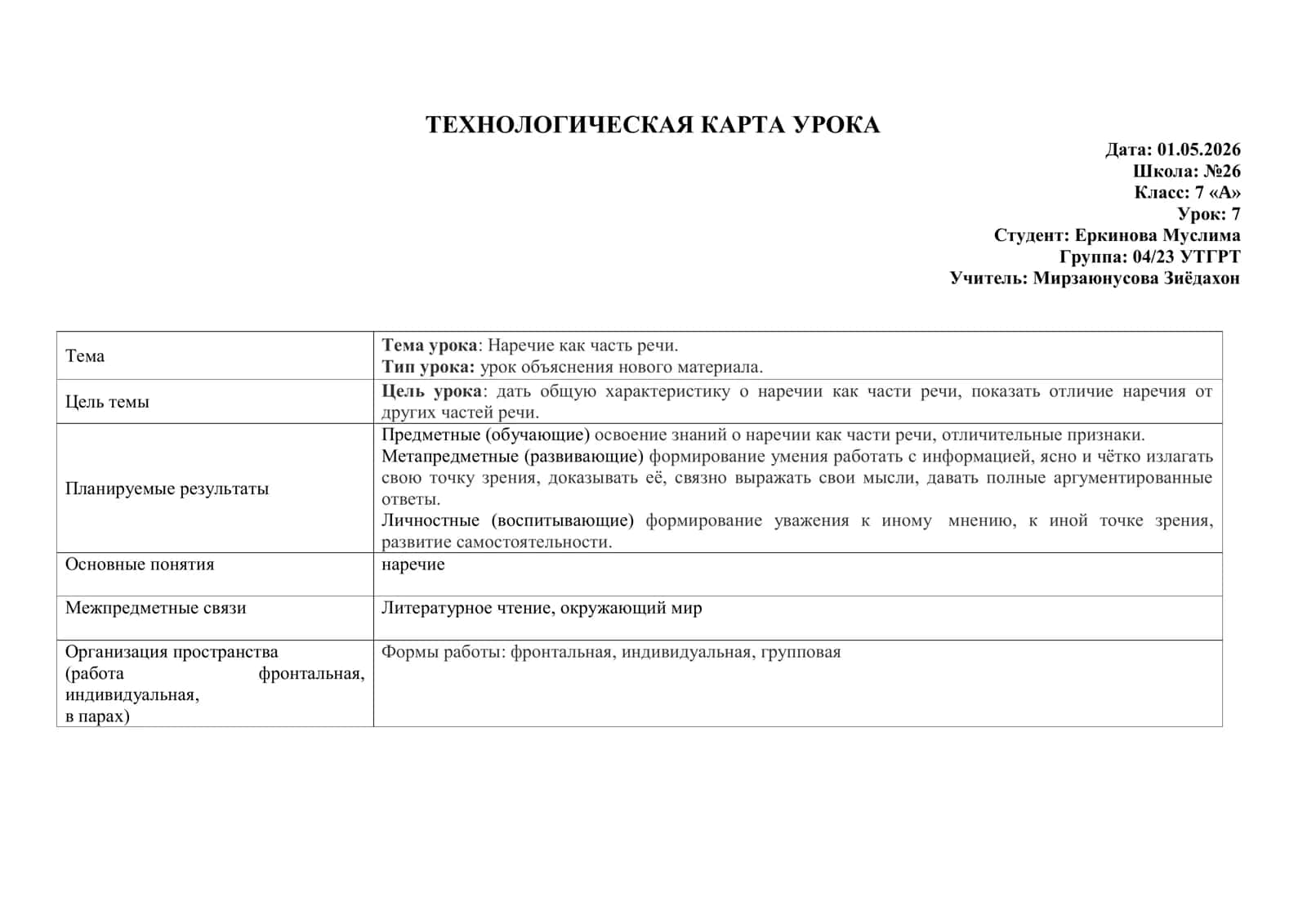 Наречие как часть речи ТЕХНОЛОГИЧЕСКАЯ КАРТА УРОКА 1