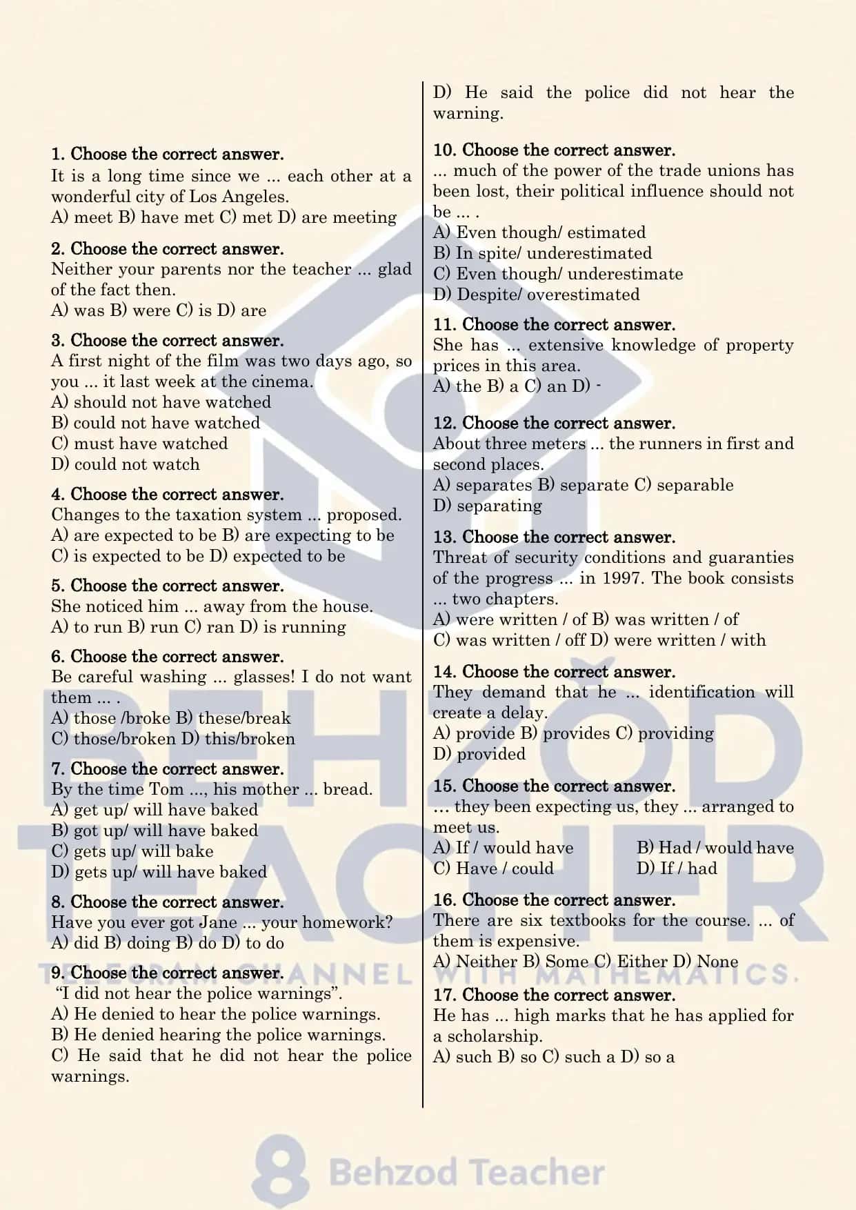 English Grammar Quiz 1