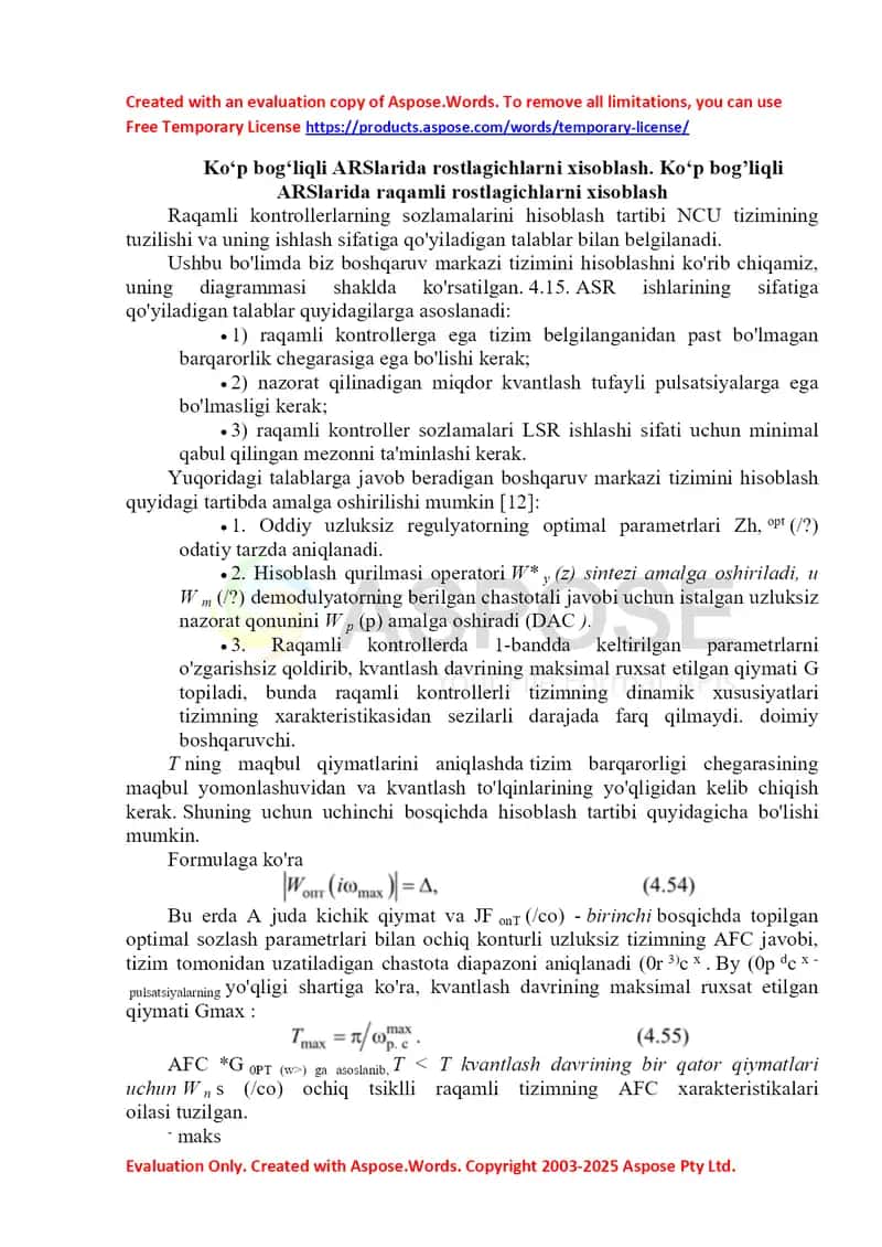 Ko‘p bog‘liqli ARSlarida raqamli rostlagichlarni hisoblash 1