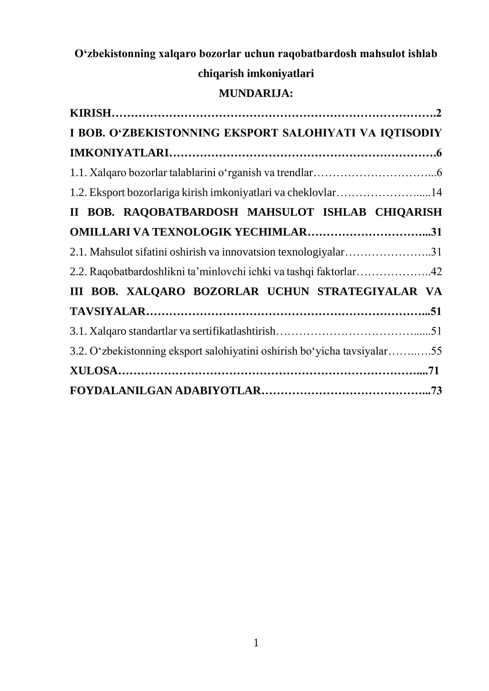 O‘zbekistonning xalqaro bozorlar uchun raqobatbardosh mahsulot ishlab chiqarish imkoniyatlari 1