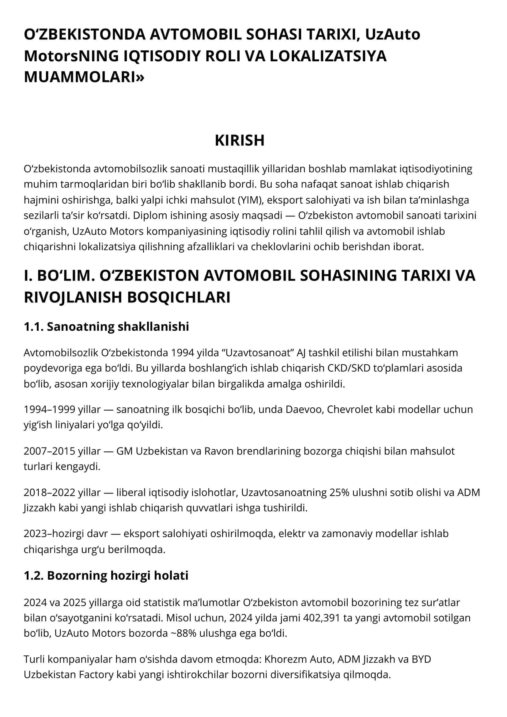 O‘ZBEKISTONDA AVTOMOBIL SOHASI TARIXI, UzAuto MotorsNING IQTISODIY ROLI VA LOKALIZATSIYA MUAMMOLARI 1