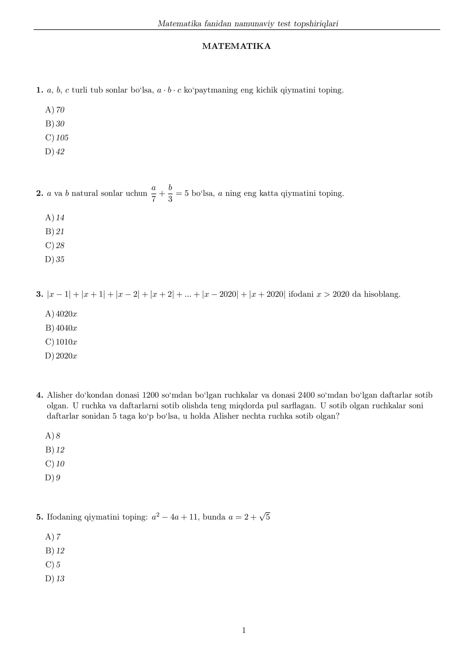 Matematika fanidan namunaviy test topshiriqlari DTM 1