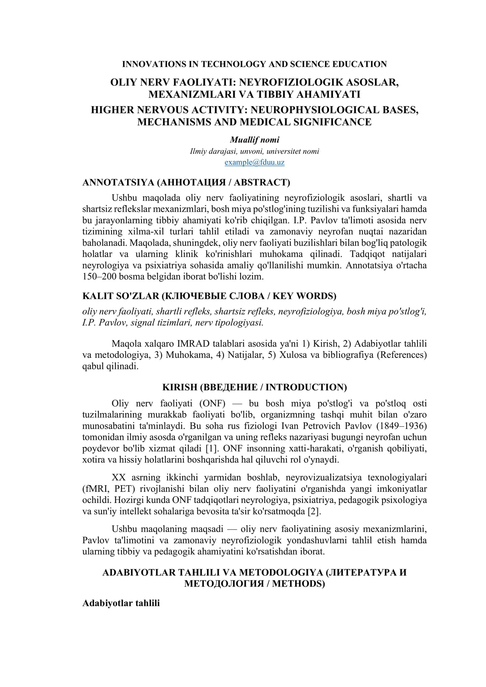 OLIY NERV FAOLIYATI: NEYROFIZIOLOGIK ASOSLARI, MEXANIZMLARI VA TIBBIY AHAMIYATI 1