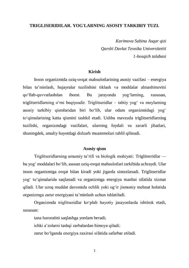 TRIGLISERIDILAR. YOG'LARNING ASOSIY TARKIBIY TUZI
