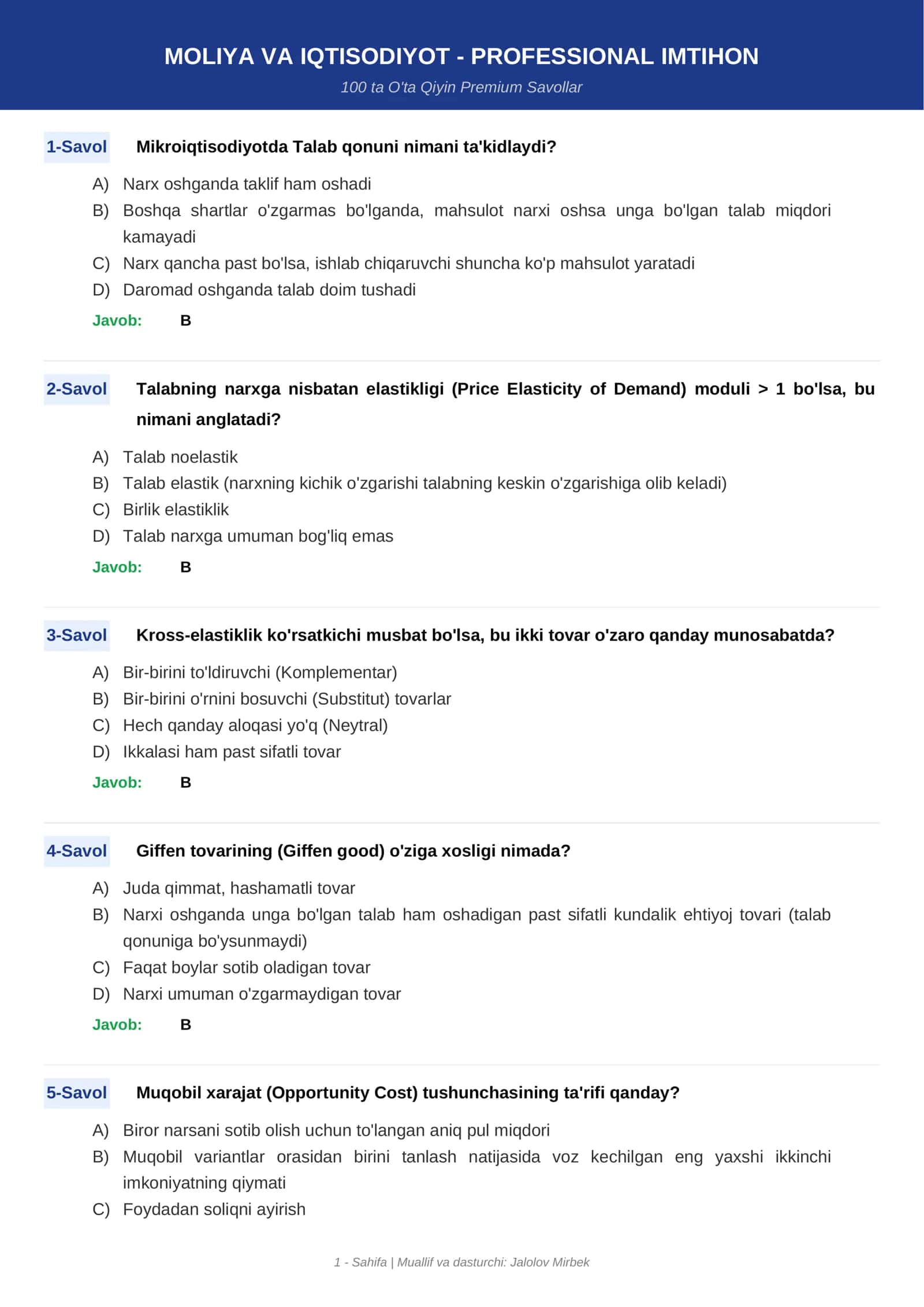 Moliya va Iqtisodiyot – Professional Imtihon 1