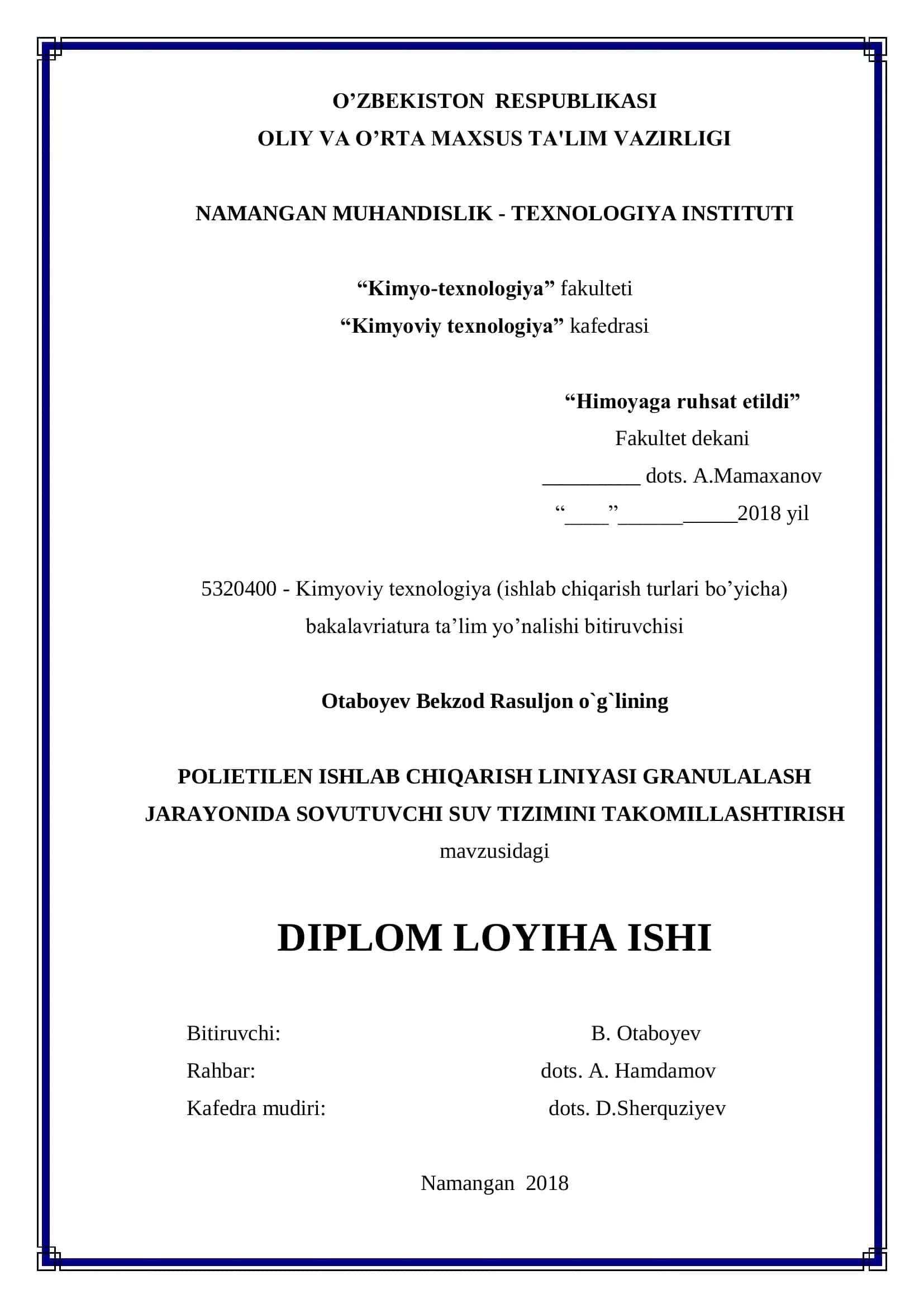 POLIETILEN ISHLAB CHIQARISH LINIYASI GRANULALASH JARAYONIDA SOVUTUVCHI SUV TIZIMINI TAKOMILLASHTIRISH mavzusidagi 1