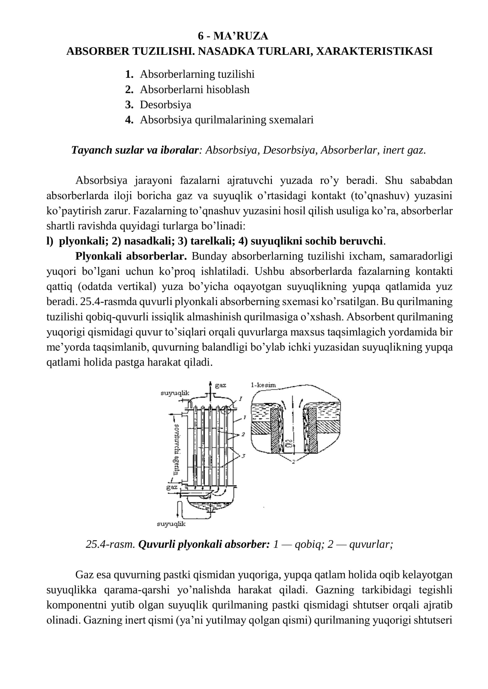 ABSORBER TUZILISHI. NASADKA TURLARI, XARAKTERISTIKASI 1