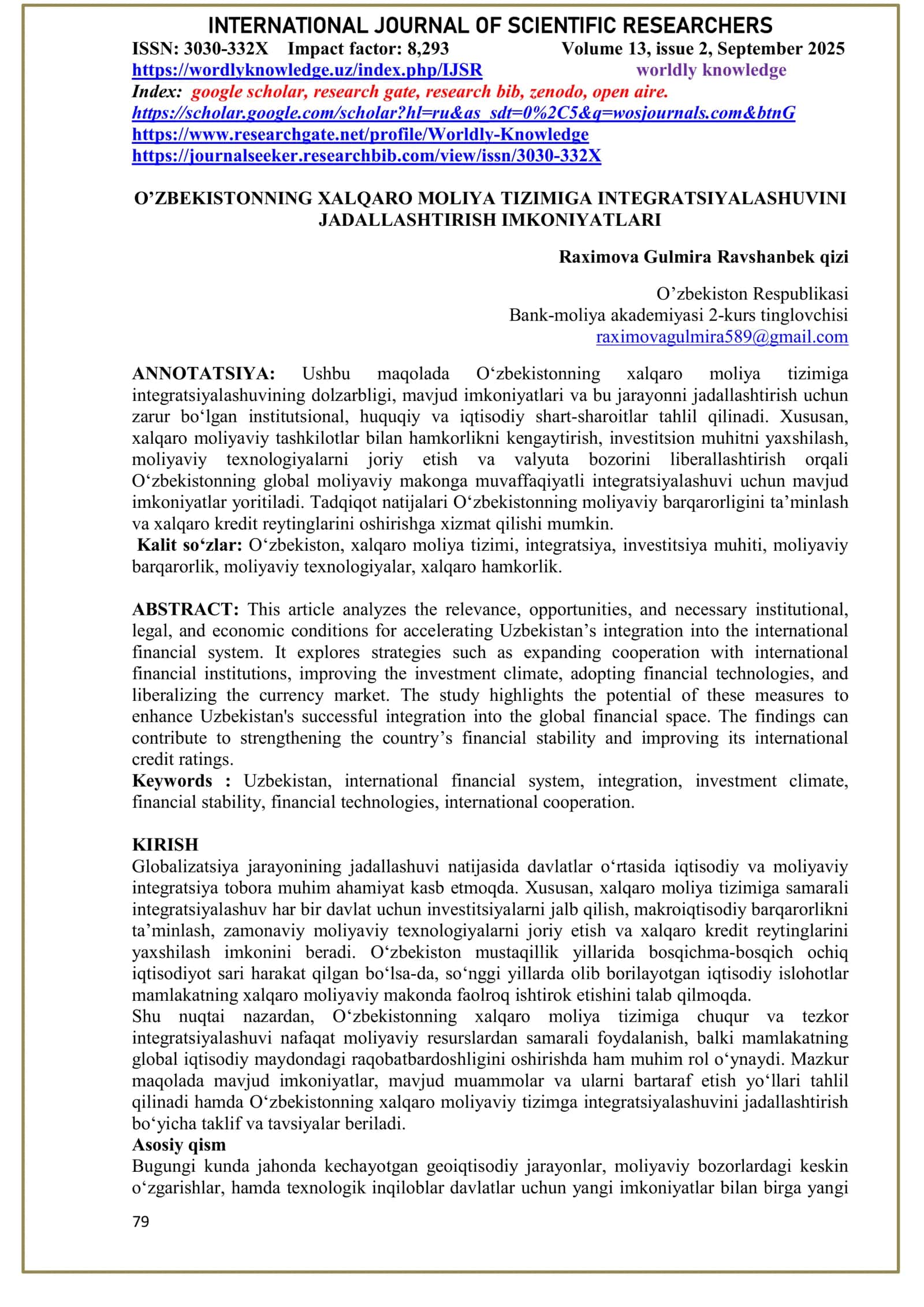 O‘ZBEKISTONNING XALQARO MOLIYA TIZIMIGA INTEGRATSIYALASHUVINI JADALLASHTIRISH IMKONIYATLARI 1