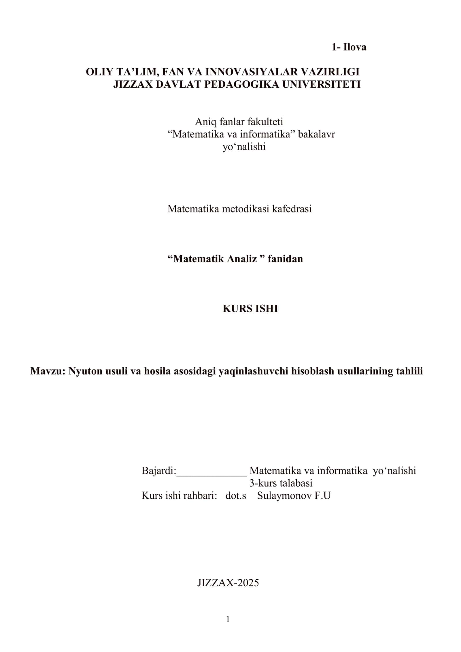 Nyuton usuli va hosila asosidagi yaqinlashishni hisoblash usullari 1