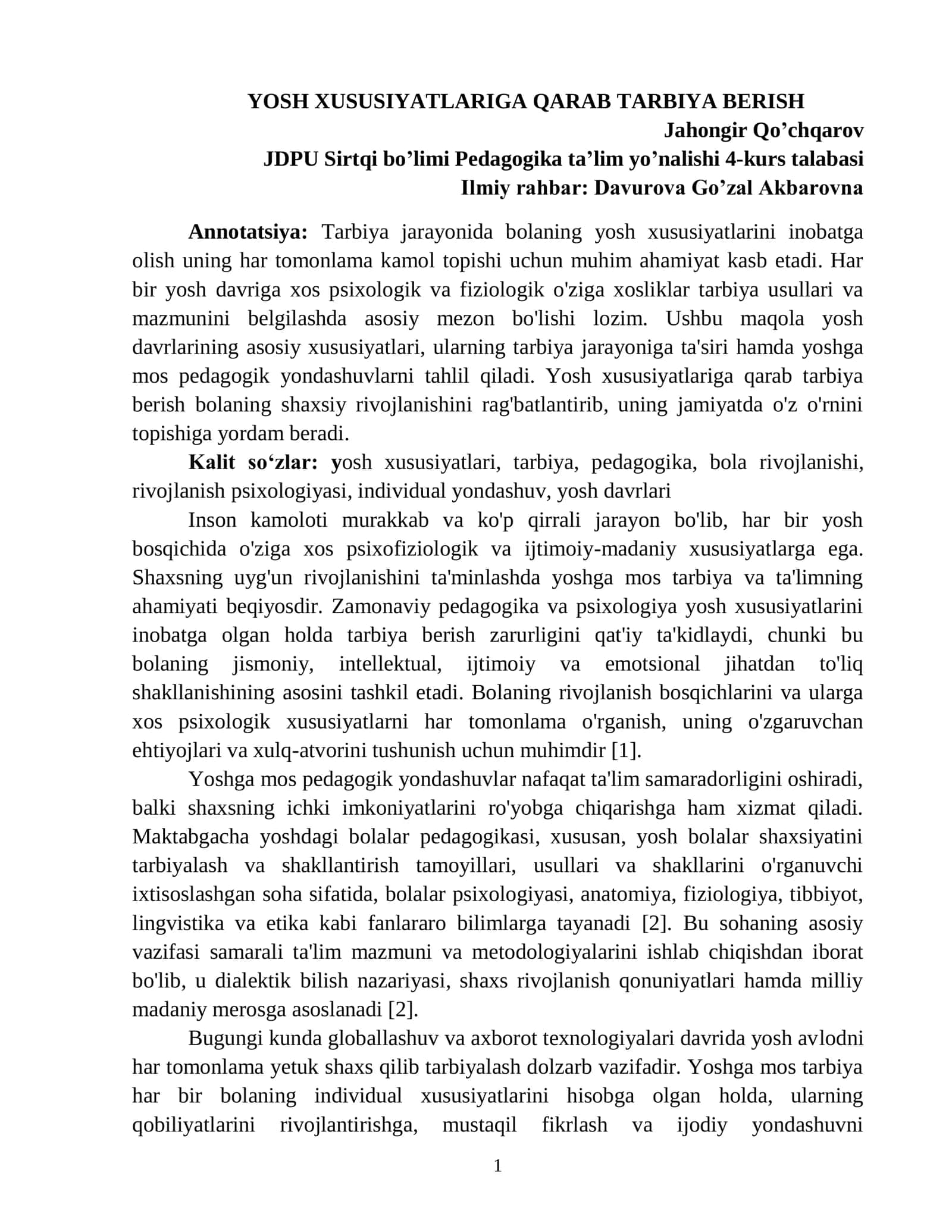 YOSH XUSUSIYATLARIGA QARAB TARBIYA BERISH 1
