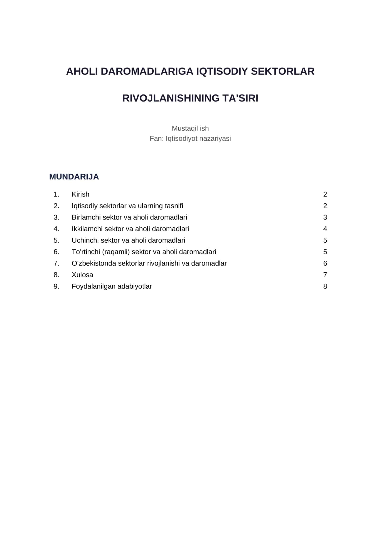 aholi daromadlarinig iqtisodiy sektorlar rivojlanishining taʼsiri 1