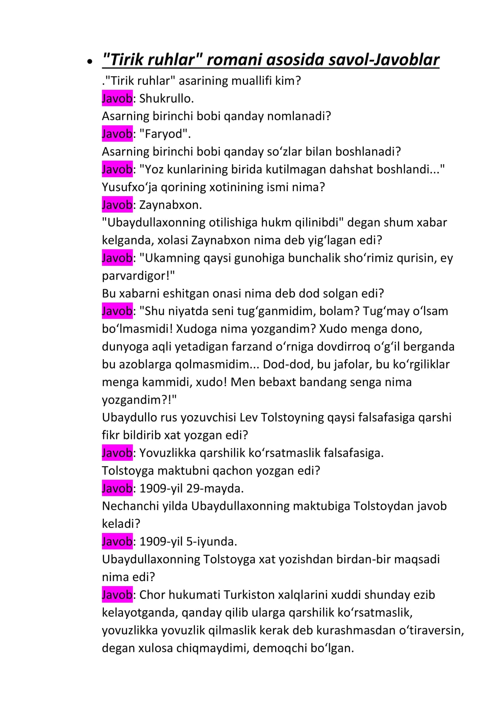 "Tirik ruhlar" romani asosida savol-Javoblar 1