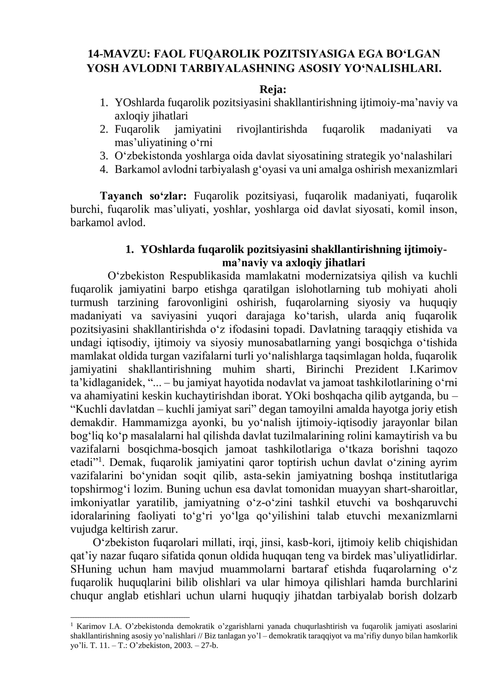 FAOL FUQAROLIK POZITSIYASIGA EGA BO‘LGAN YOSH AVLODNI TARBIYALASHNING ASOSIY YO‘NALISHLARI 1