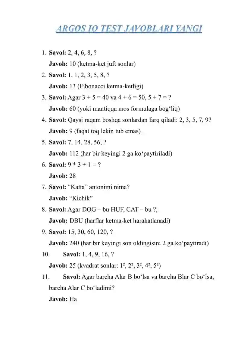 ARGOS IQ TEST JAVOBLARI YANGI
