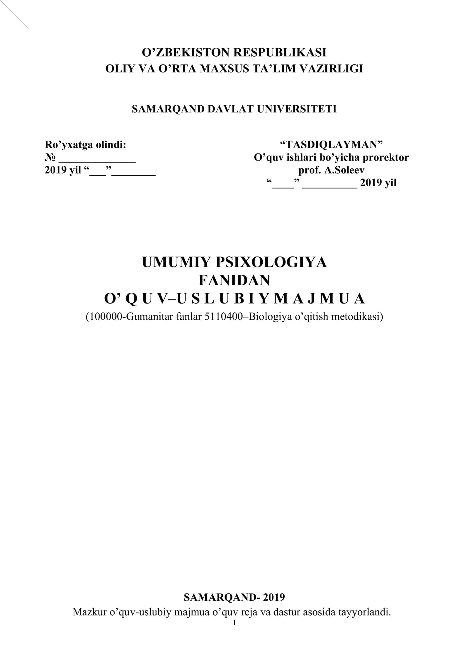 UMUMIY PSIXOLOGIYA FANIDAN O’ Q U V–U S L U B I Y M A J M U A 1