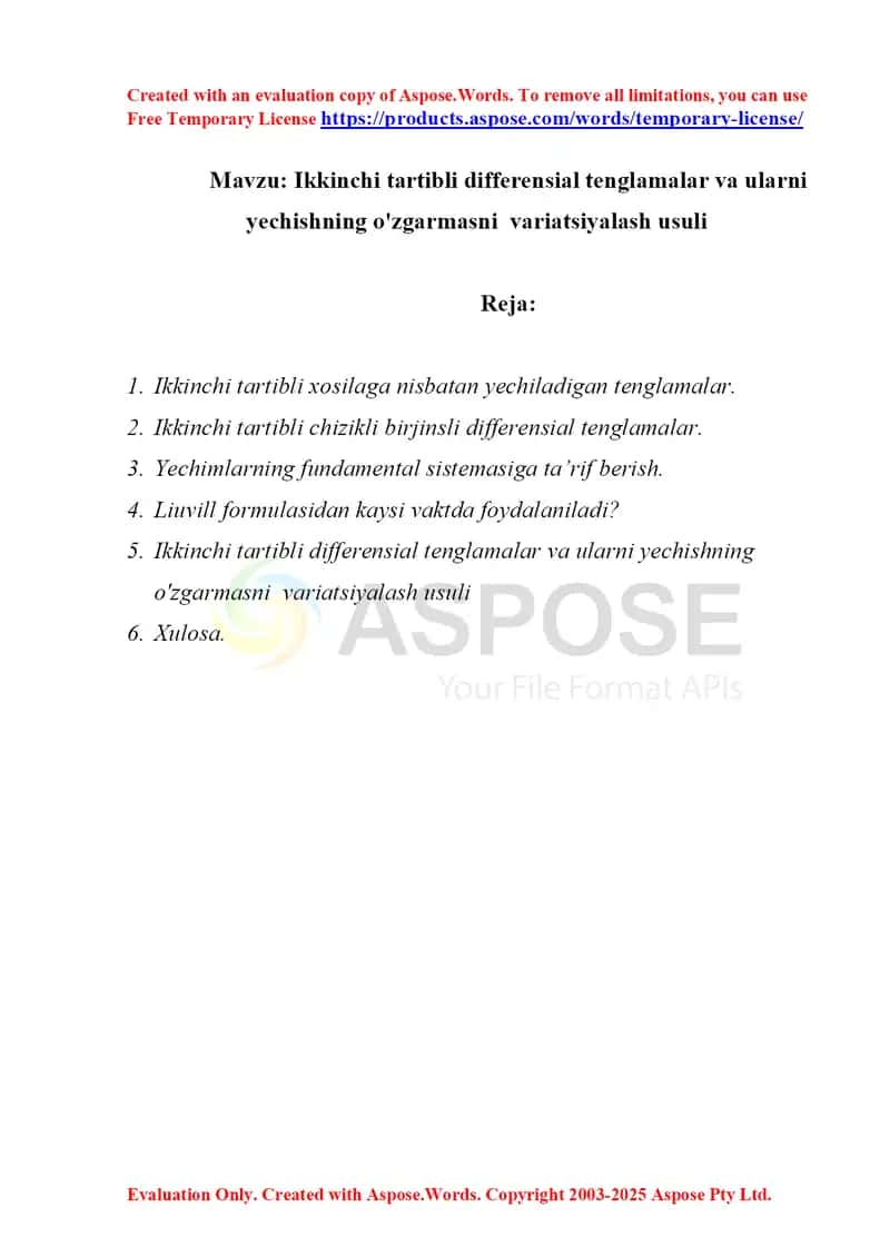 Ikkinchi tartibli differensial tenglamalar va ularni yechishning o'zgarmasni  variatsiyalash usuli 1