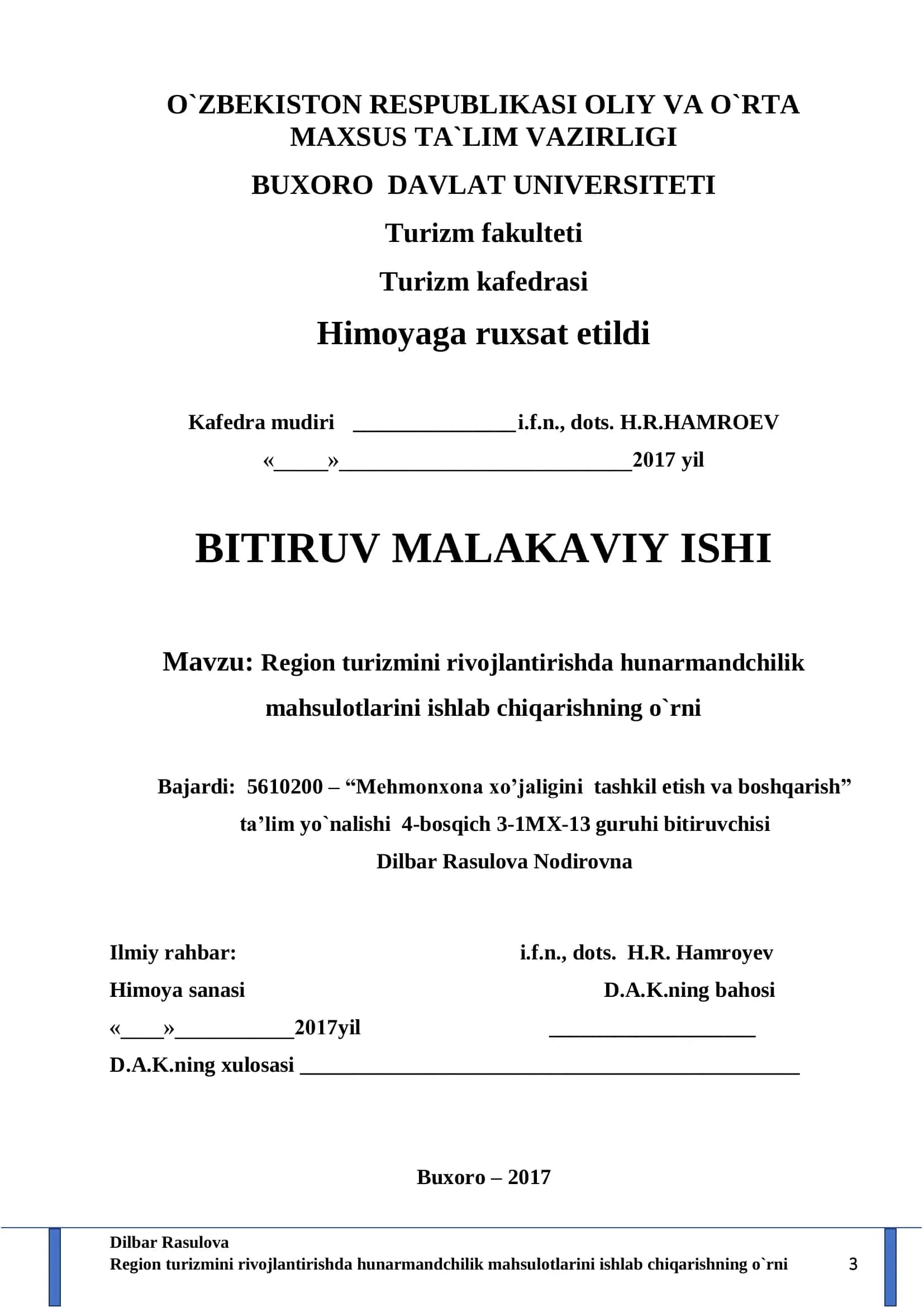 Region turizmini rivojlantirishda hunarmandchilik mahsulotlarini ishlab chiqarishning o`rni 1