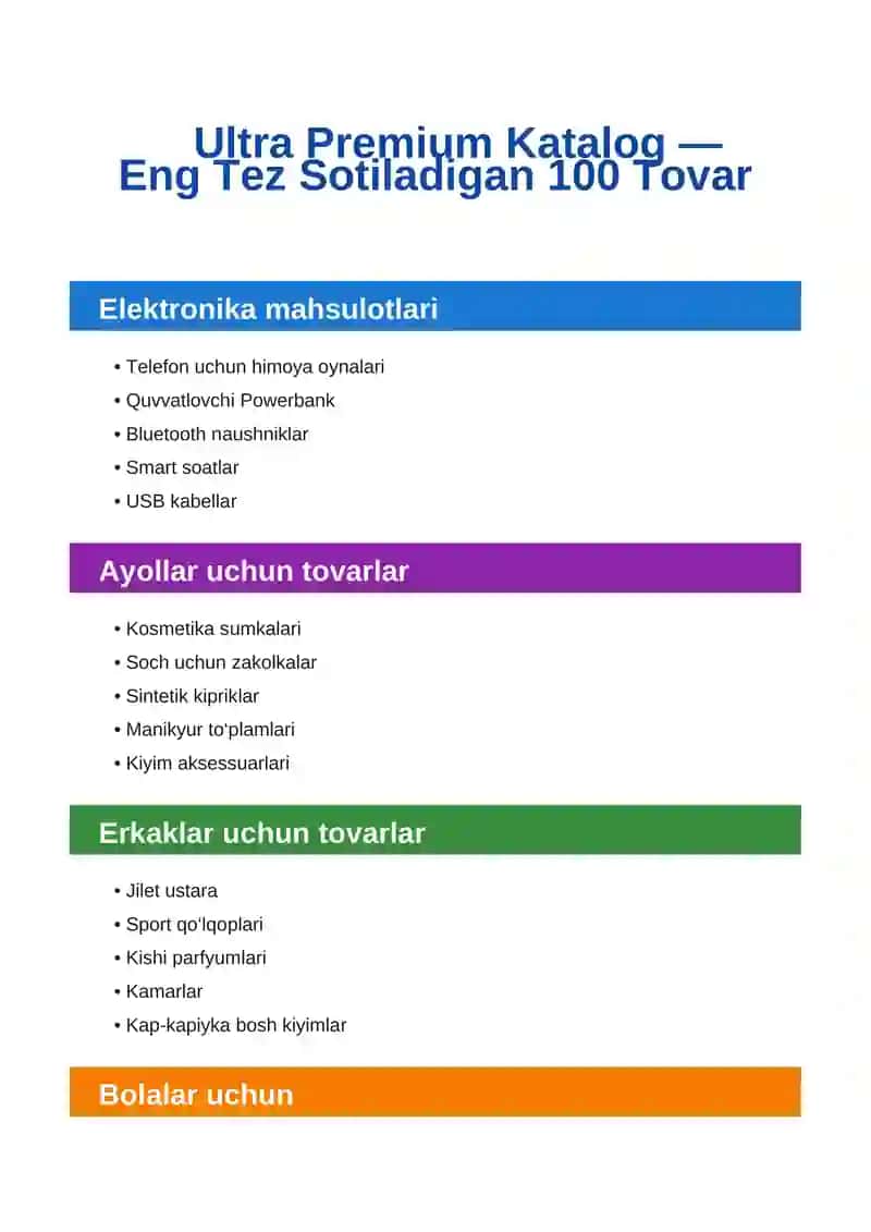 tez sotiladigan 100 tavar nomlari