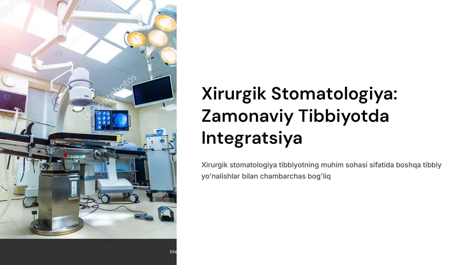Xirurgik stomatologiya: Uni boshqa tibbiyot sohalari bilan bog’liqligi. O’zbekistonda xirurgik stomatologiyaning rivojlanish tarixi va unga hissa qo’shgan olimlar. Ambulator va statsionarxirurgik stomatologik yordamini tashkil qilish. Xirurgik stomatologiyada ishlatiladigan asbob uskunalar va xom ashyolar. Xirurgik stоmаtоlоgiyadа аsеptikа vа аntisеptikа qоidаlаri. Stоmаtоlоgik bo’limlаr vа kаbinеtlаrdа dеzinfеksiya vа stеrilizаsiyani tаshkil qilishgа tаlаblаr. 1