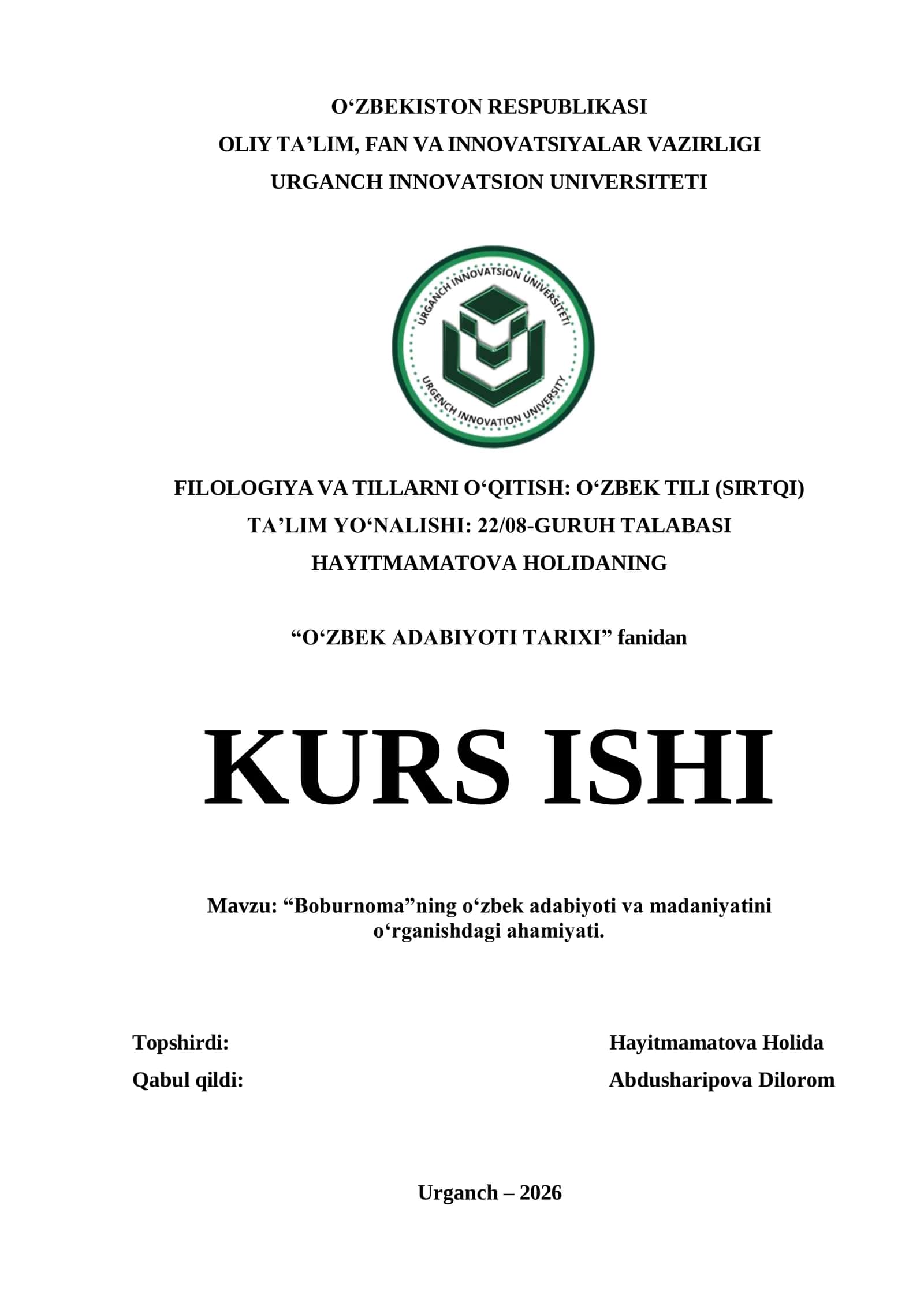 “Boburnoma”ning o‘zbek adabiyoti va madaniyatini o‘rganishdagi ahamiyati 1