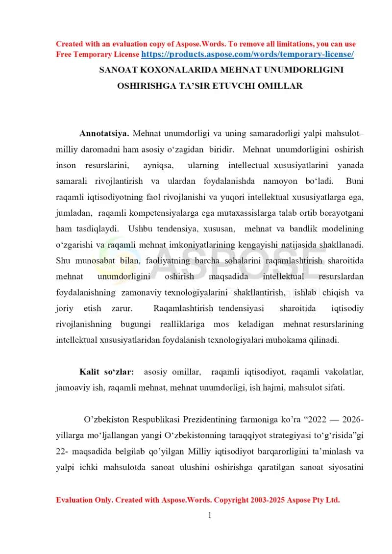 Sanoat korxonalarida mehnat unumdorligini oshirishga ta’sir etuvchi omillar 1