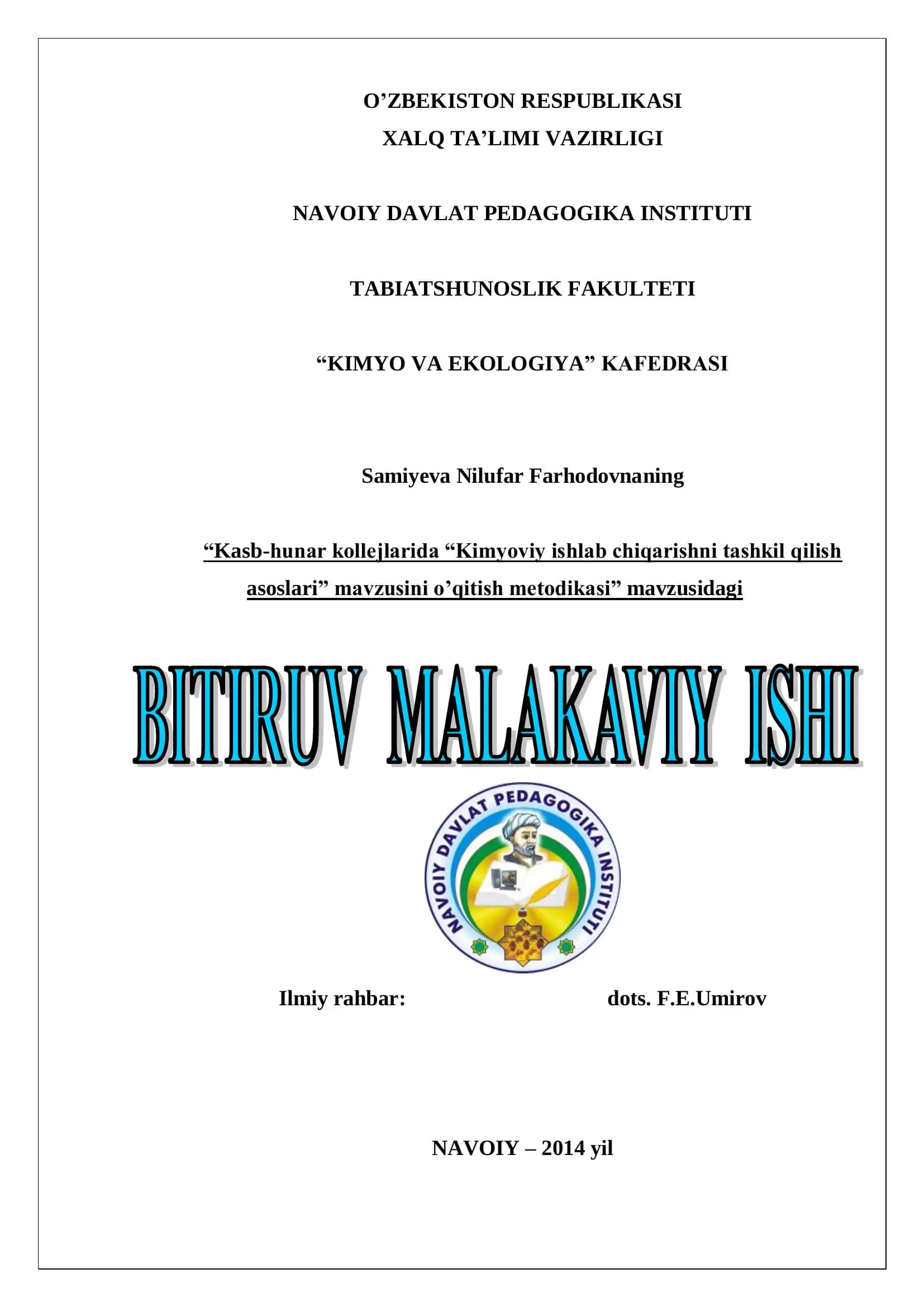 KASB-HUNAR KOLLEJLARIDA “KIMYOVIY ISHLAB CHIQARISHNI TASHKIL QILISH ASOSLARI” MAVZUSINI O’QITISH METODIKASI 1