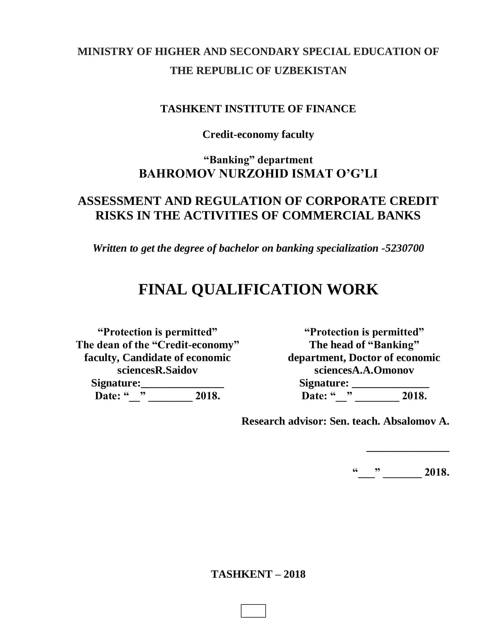 ASSESSMENT AND REGULATION OF CORPORATE CREDIT RISKS IN THE ACTIVITIES OF COMMERCIAL BANKS 1