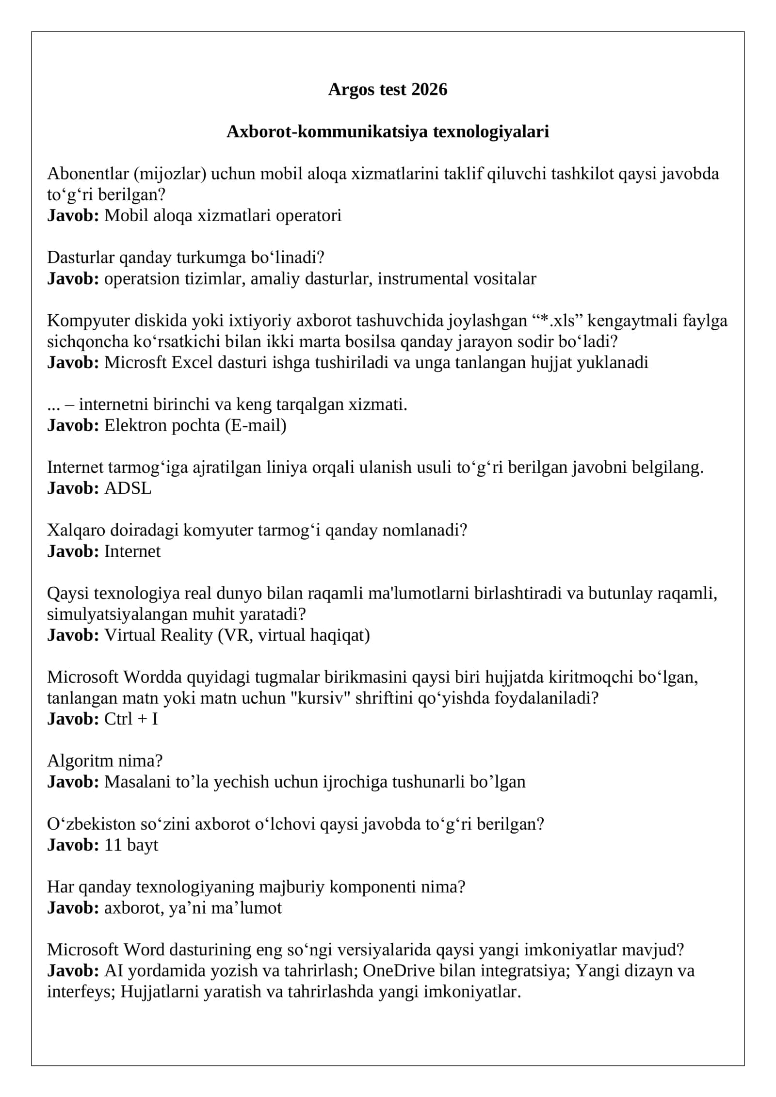 Argos test javoblar 2026 Axborot-kommunikatsiya texnologiyalari. 1