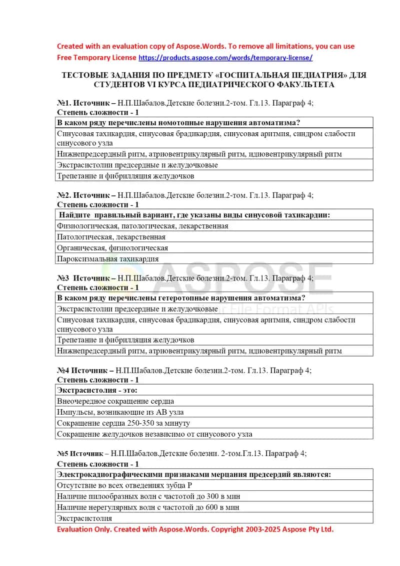 Тестовые задания по предмету «Госпитальная педиатрия» для студентов VI курса педиатрического факультета 1