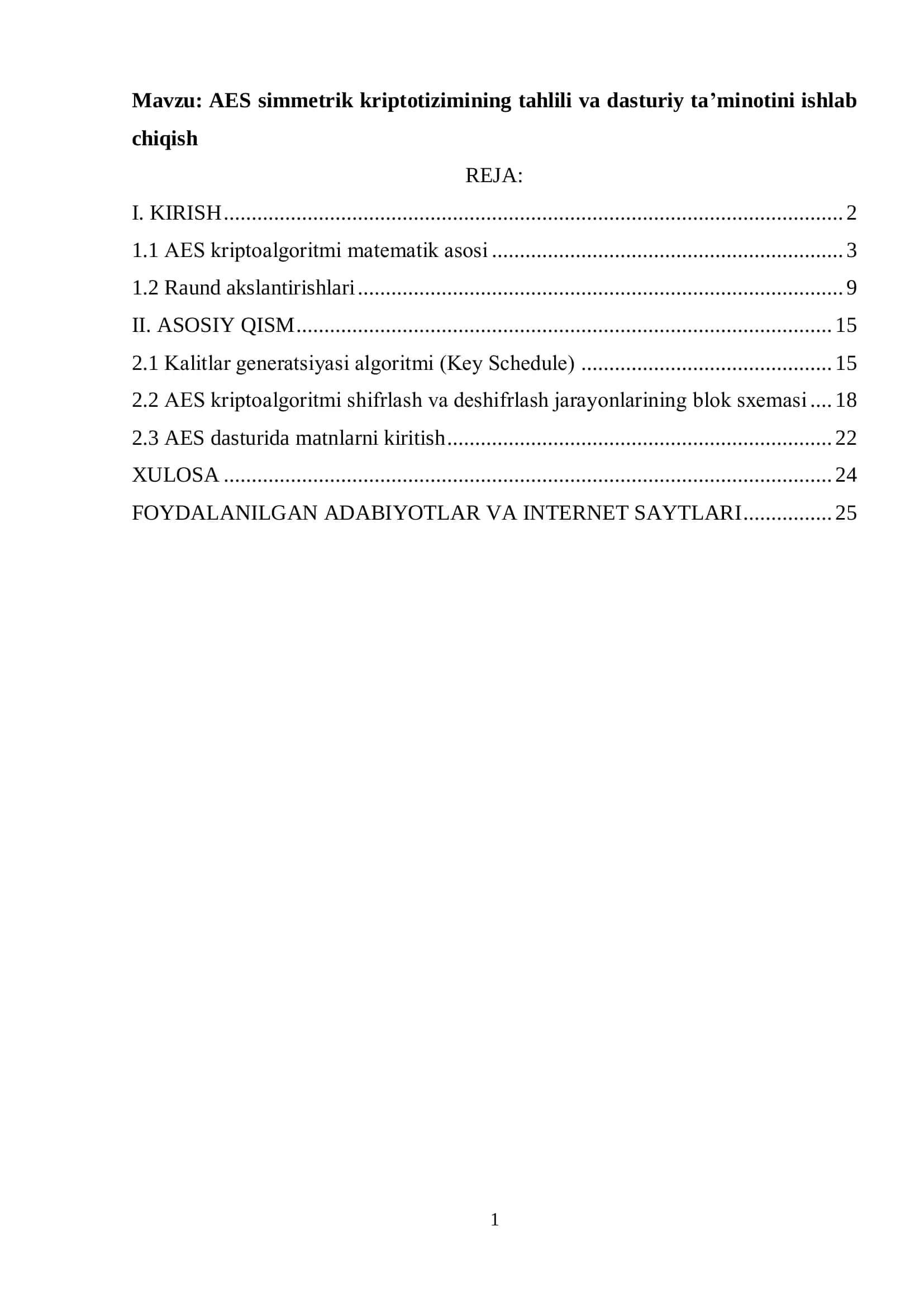 AES simmetrik kriptotizimining tahlili va dasturiy ta’minotini ishlab chiqish 1
