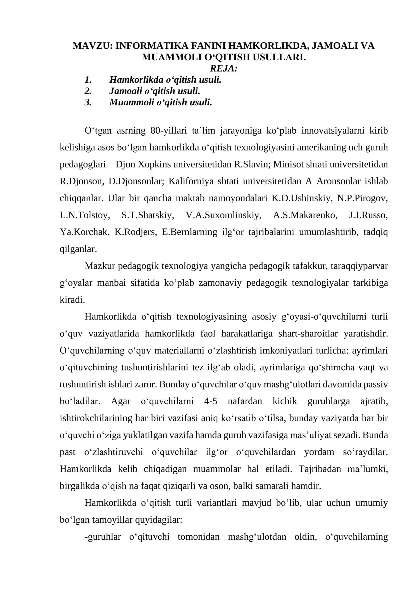 INFORMATIKA FANINI HAMKORLIKDA, JAMOALI VA MUAMMOLI O‘QITISH USULLARI 1