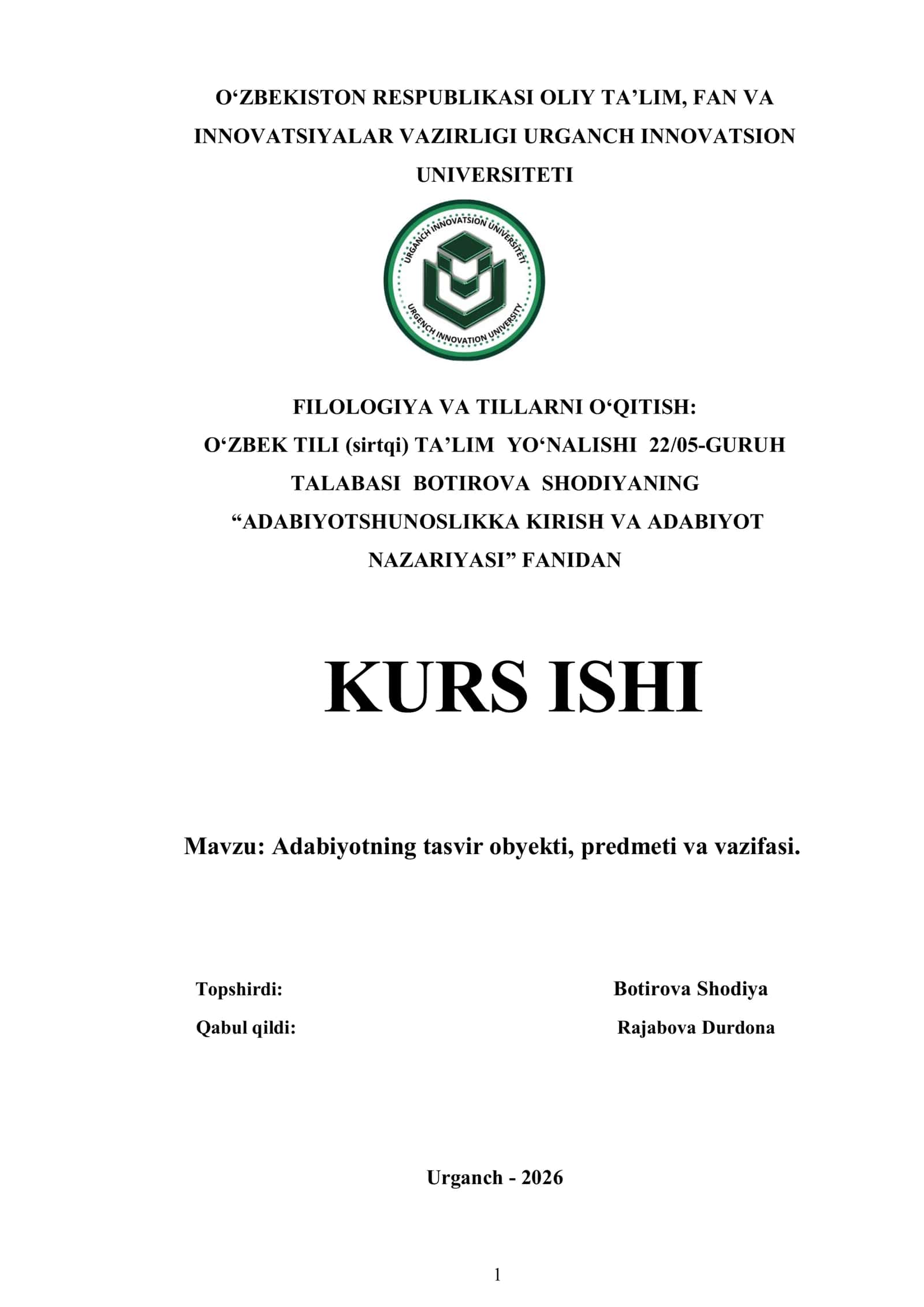 Adabiyotning tasvir obyekti, predmeti va vazifasi KURS ISHI 1