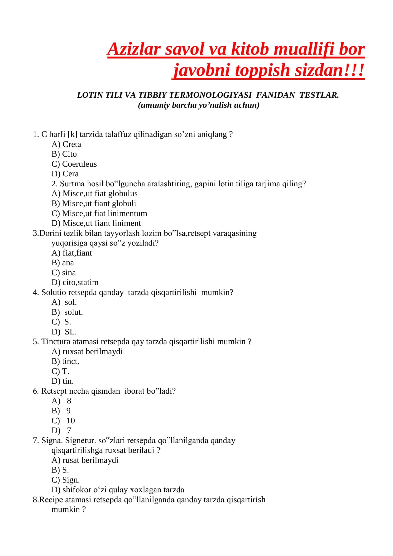 LOTIN TILI VA TIBBIY TERMONOLOGIYASI FANIDAN TESTLAR 1