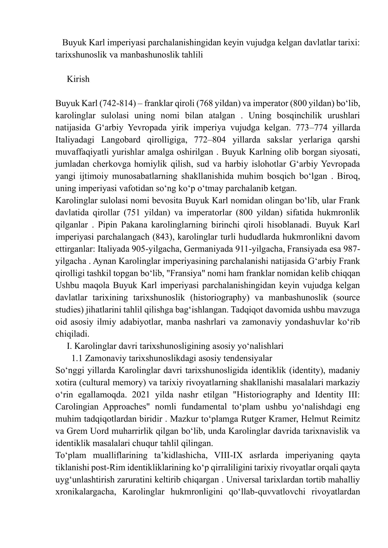 Buyuk Karl imperiyasi parchalanishingidan keyin vujudga kelgan davlatlar tarixi: tarixshunoslik va manbashunoslik tahlili 1