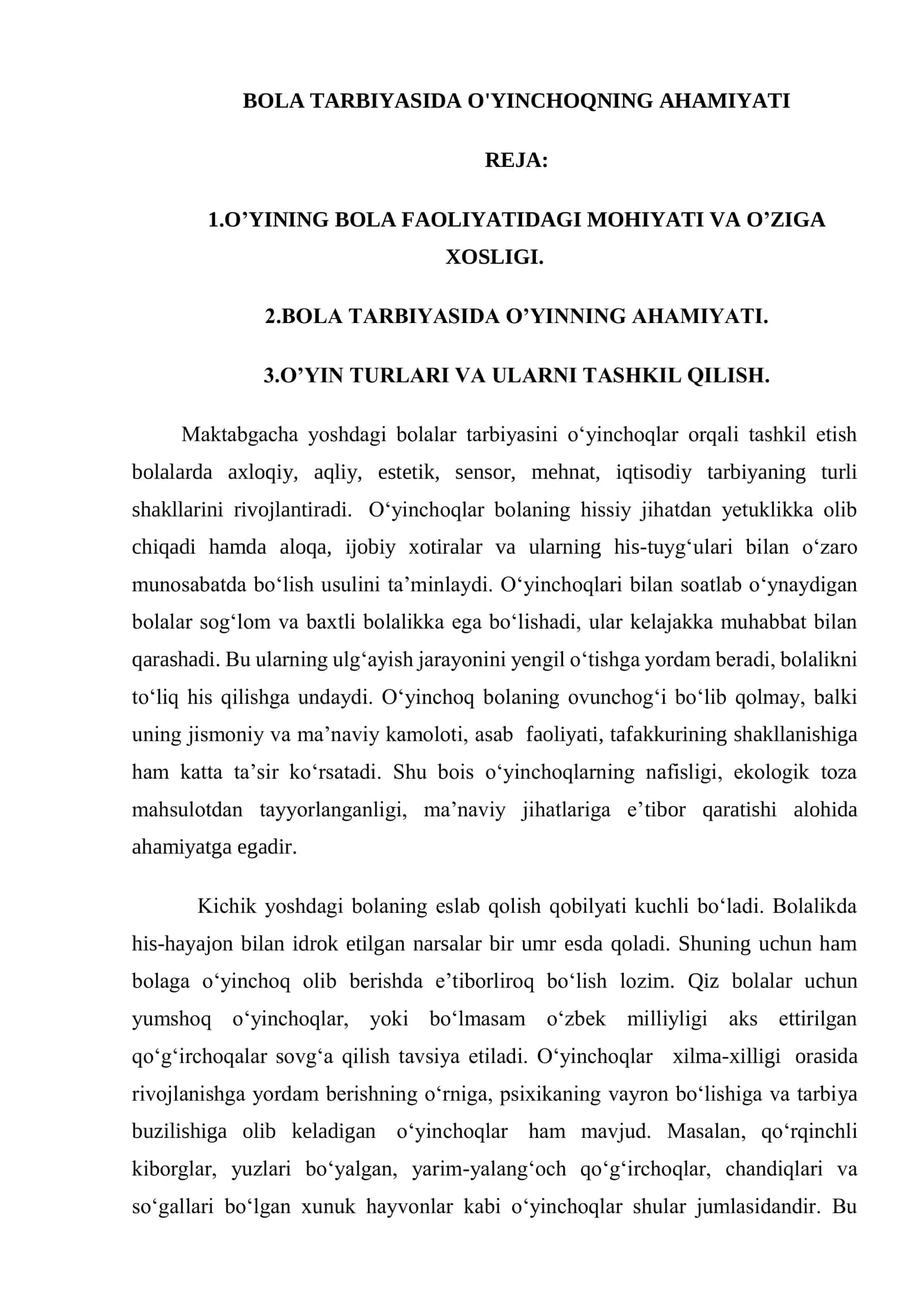 BOLA TARBIYASIDA O'YINCHOQNING AHAMIYATI 1