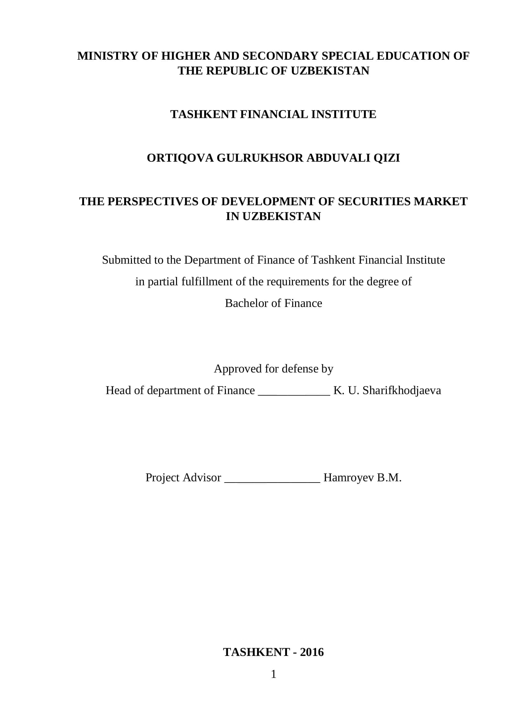 THE PERSPECTIVES OF DEVELOPMENT OF SECURITIES MARKET IN UZBEKISTAN 1