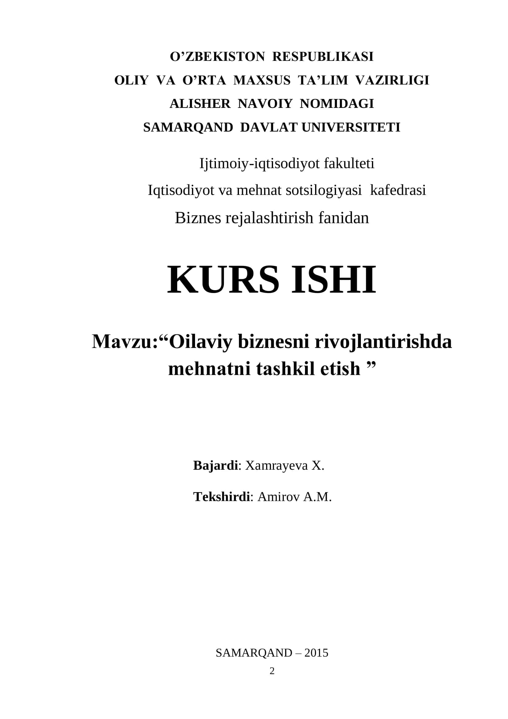 Biznes rejalashtirish fanidan KURS ISHI 1