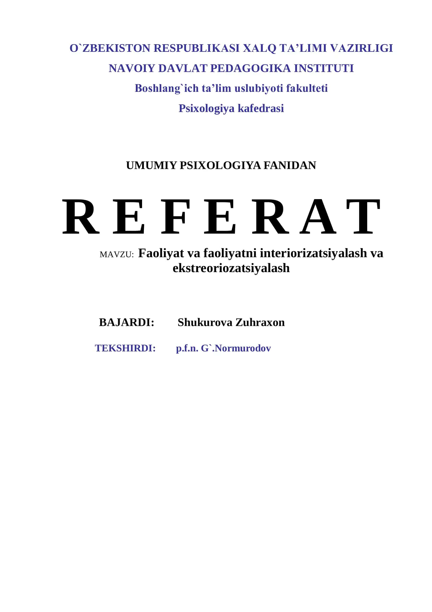 Faoliyat va faoliyatni interiorizatsiyalash va ekstreoriozatsiyalash 1