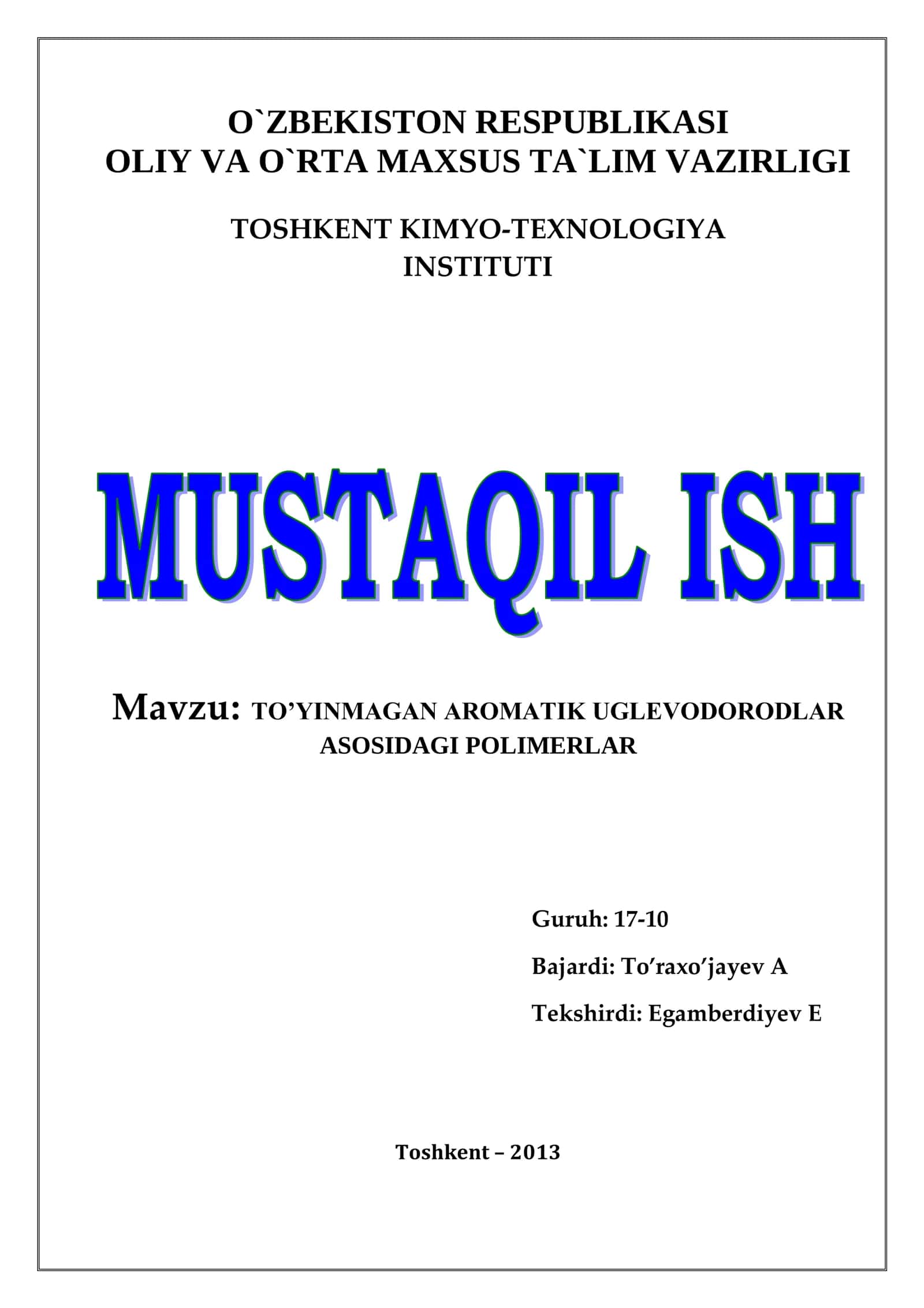 TO’YINMAGAN AROMATIK UGLEVODORODLAR ASOSIDAGI POLIMERLAR 1