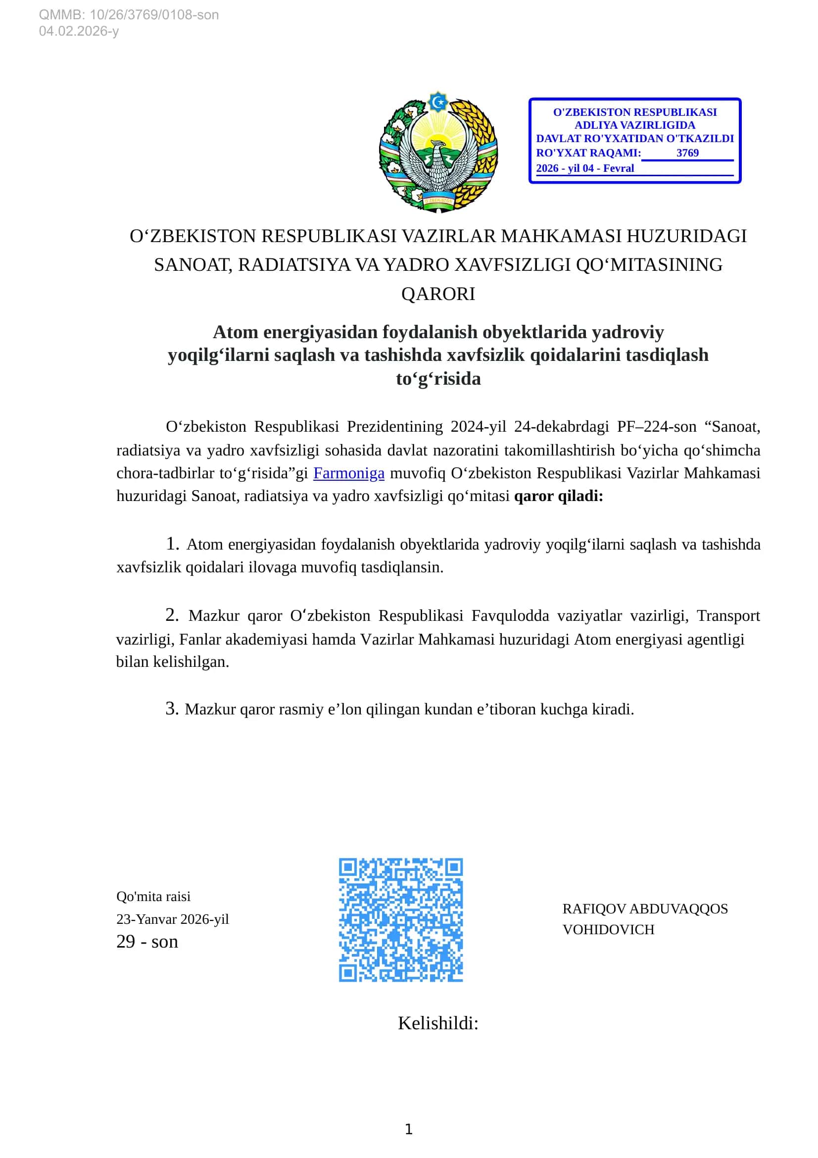 SANOAT, RADIATSIYA VA YADRO XAVFSIZLIGI QO‘MITASINING QARORI 1