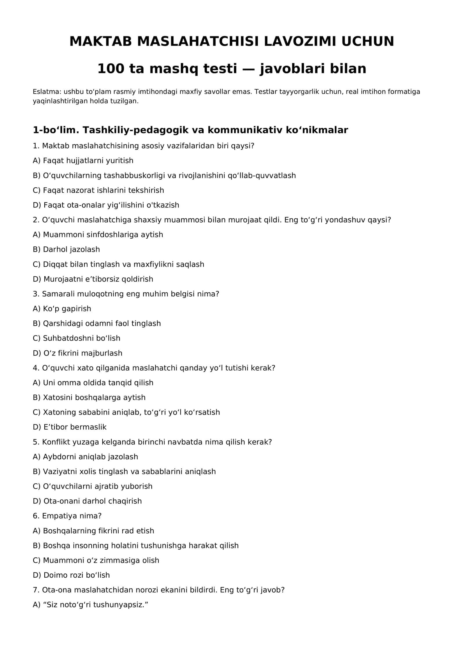 Maktab maslaxatchisi 100 ta test javoblari bilan 1