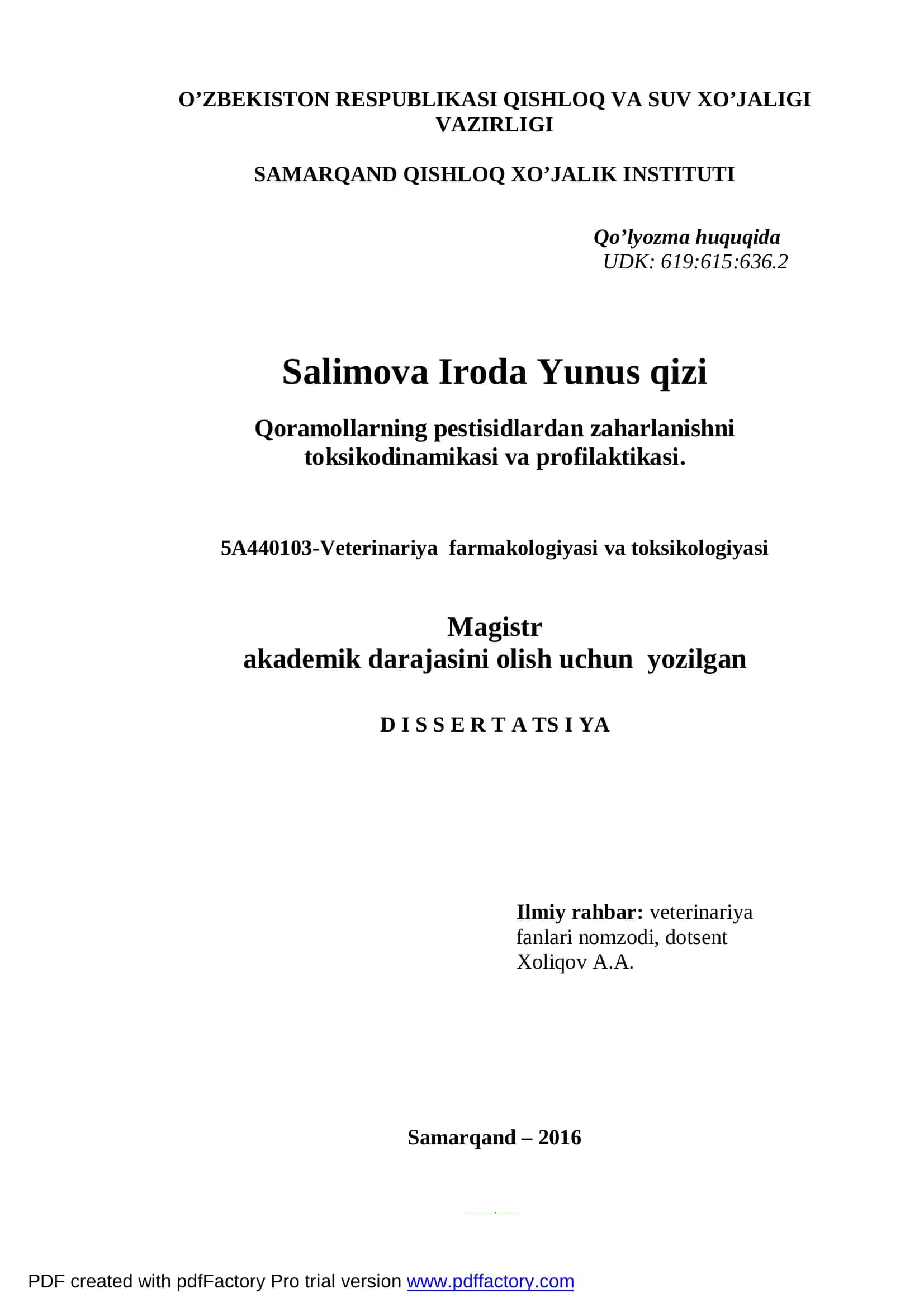 Qoramollarning pestisidlardan zaharlanishni toksikodinamikasi va profilaktikasi 1